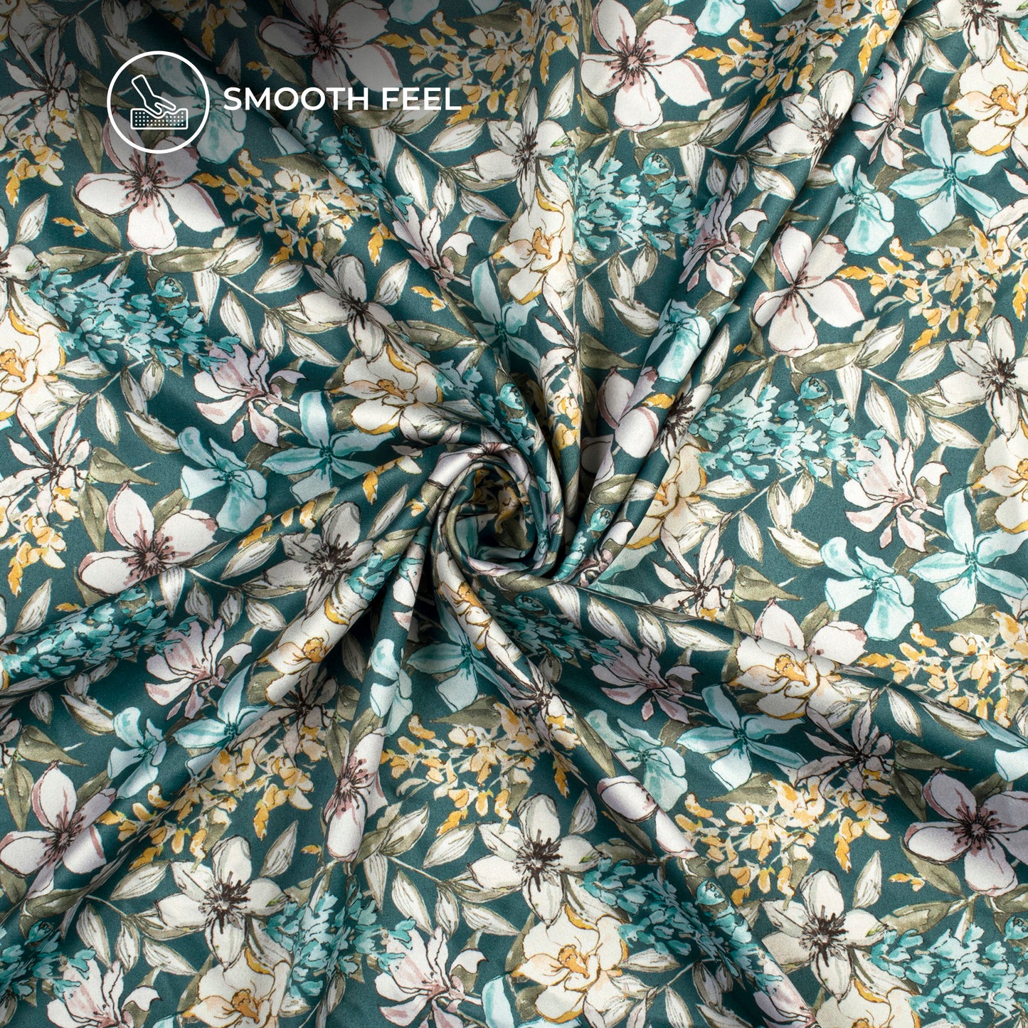Teal Blue And Beige Floral Digital Print Charmeuse Satin Fabric (Width 58 Inches)