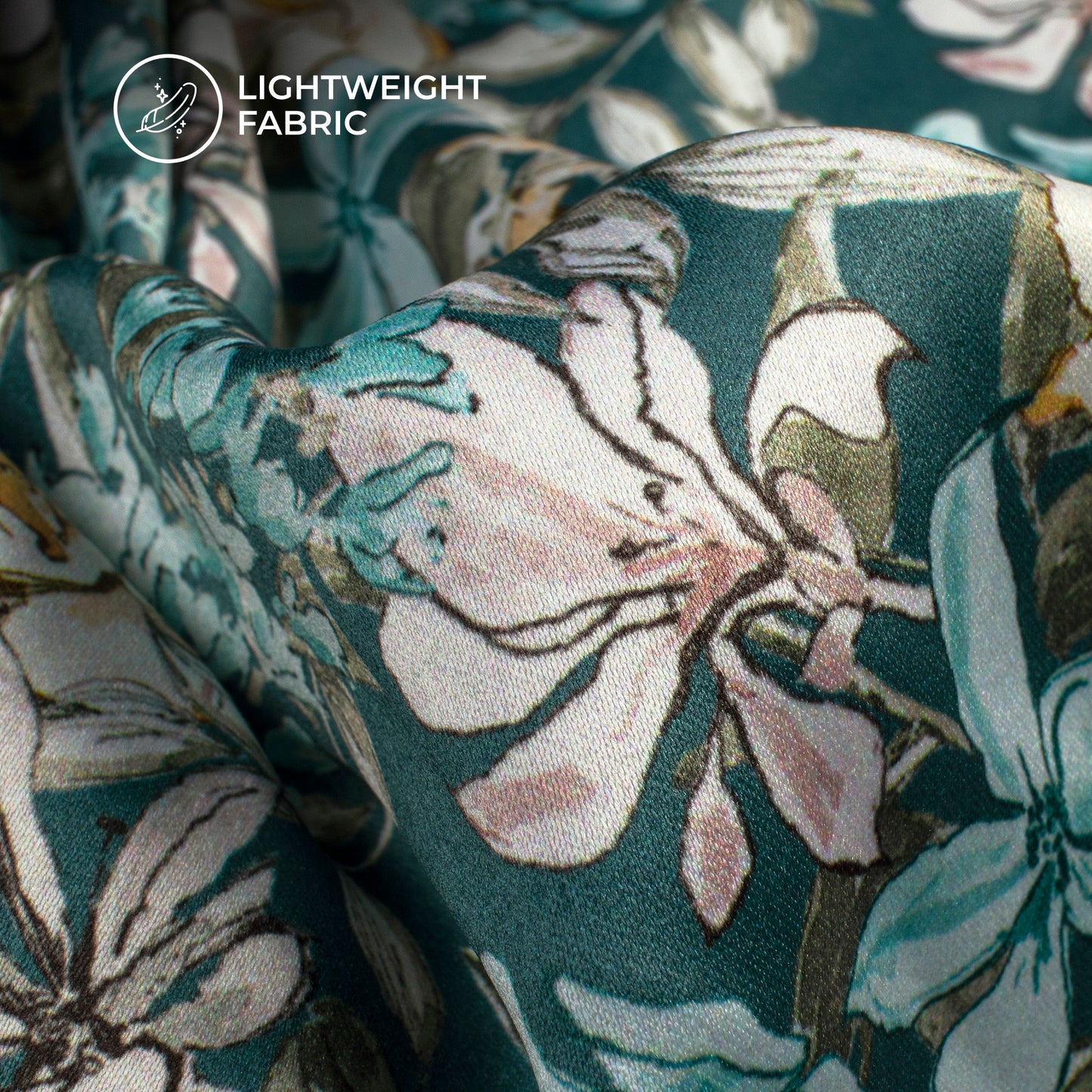 Teal Blue And Beige Floral Digital Print Charmeuse Satin Fabric (Width 58 Inches)