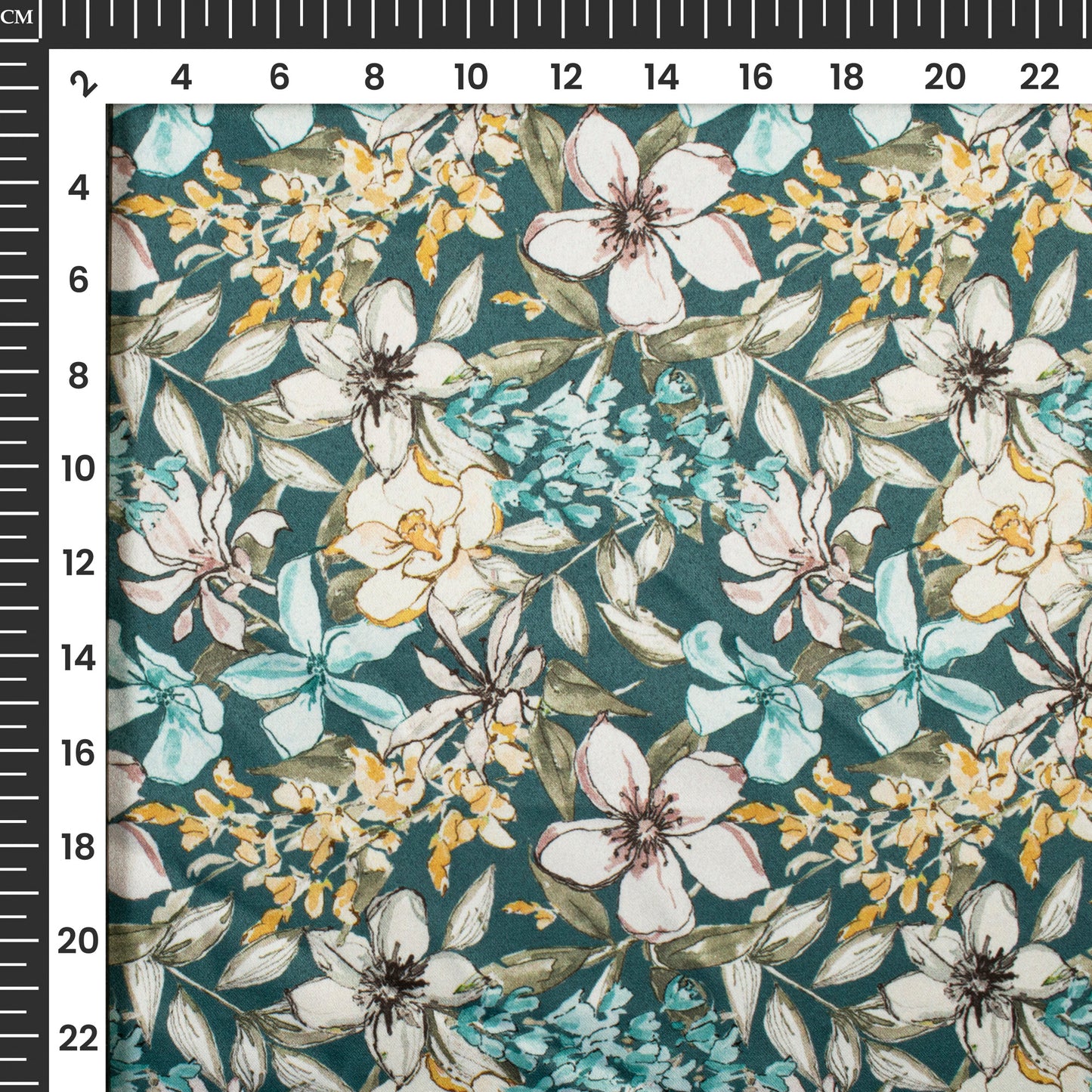 Teal Blue And Beige Floral Digital Print Charmeuse Satin Fabric (Width 58 Inches)