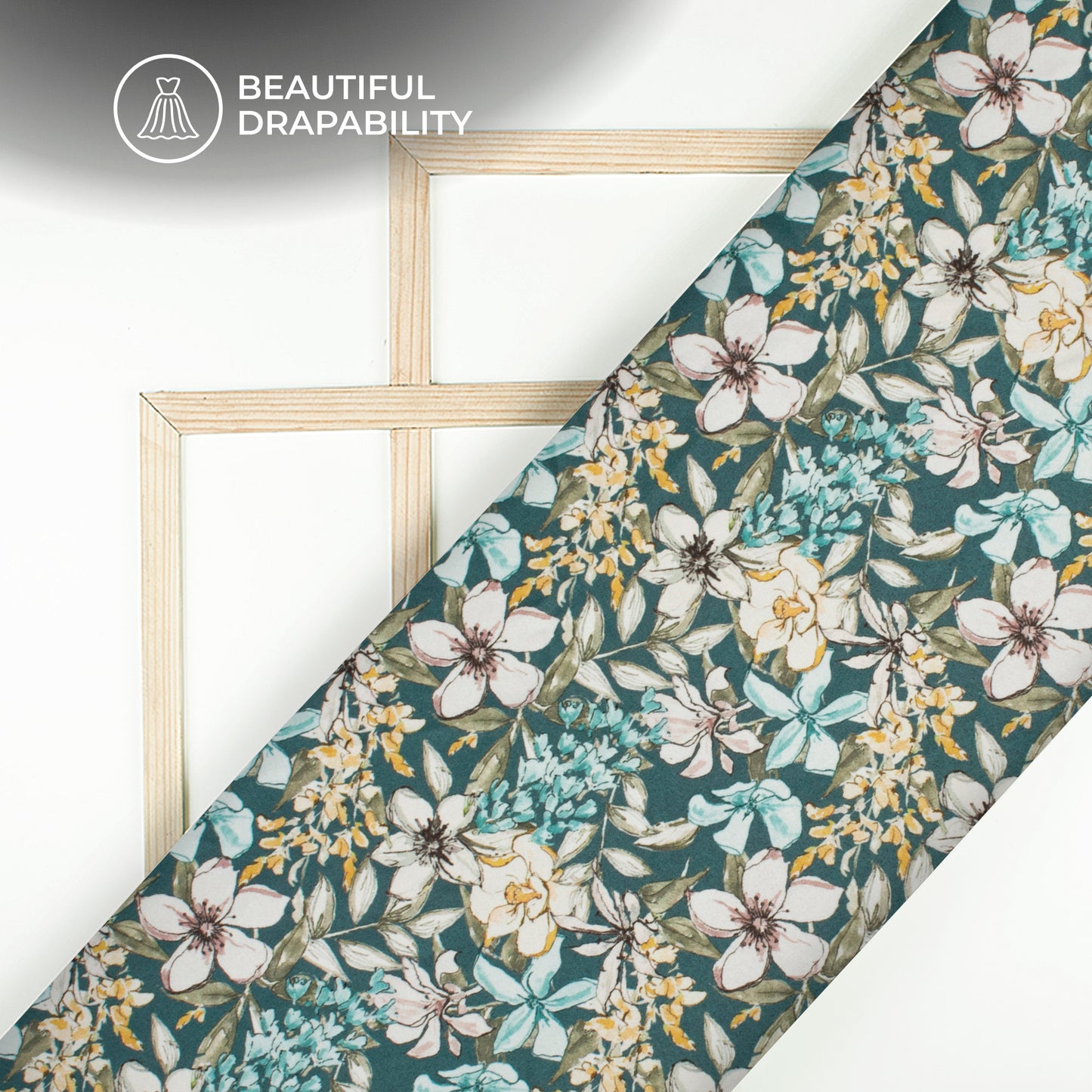 Teal Blue And Beige Floral Digital Print Charmeuse Satin Fabric (Width 58 Inches)