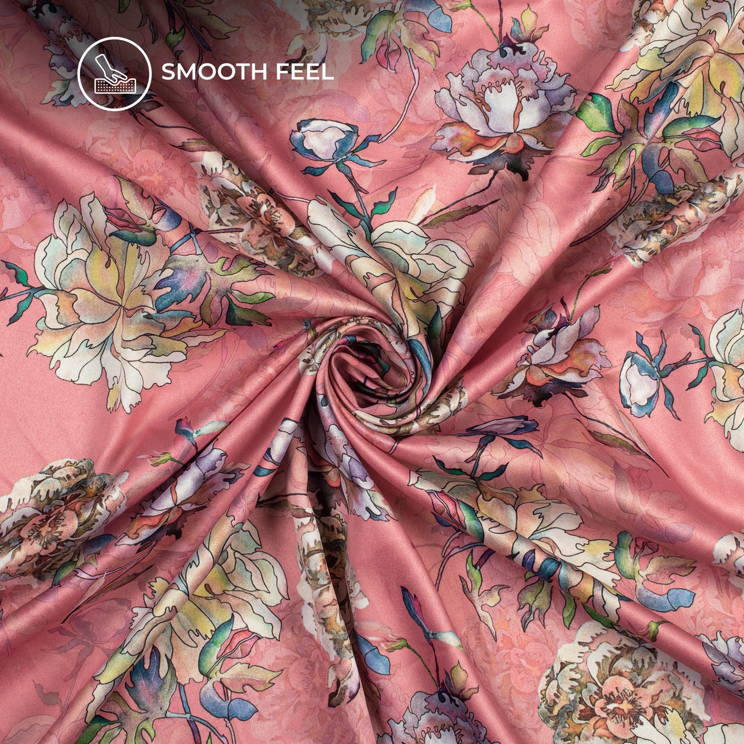 Flamingo Pink Floral Digital Print Charmeuse Satin Fabric (Width 58 Inches)