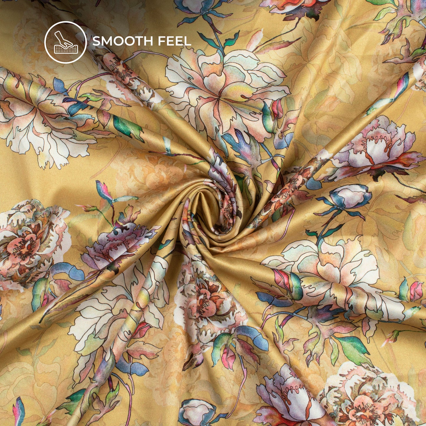 Flaxen Yellow Floral Digital Print Charmeuse Satin Fabric (Width 58 Inches)
