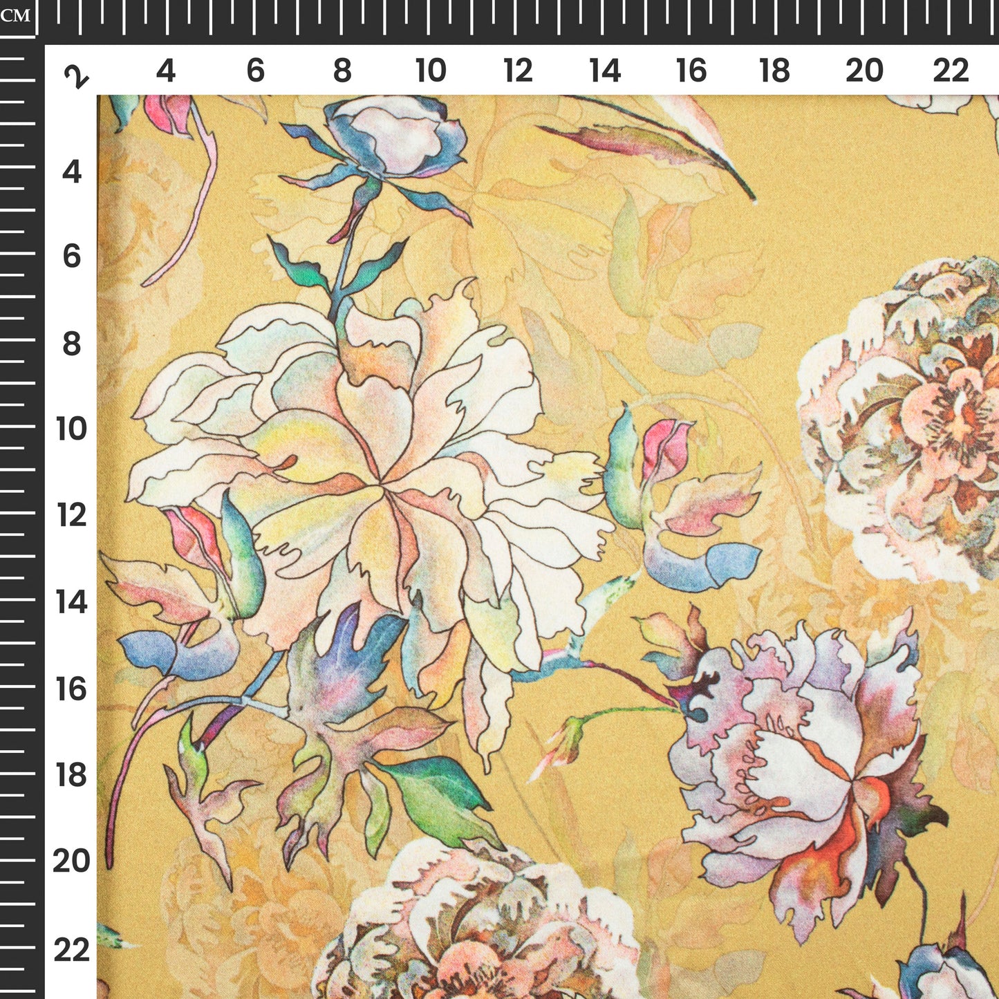 Flaxen Yellow Floral Digital Print Charmeuse Satin Fabric (Width 58 Inches)