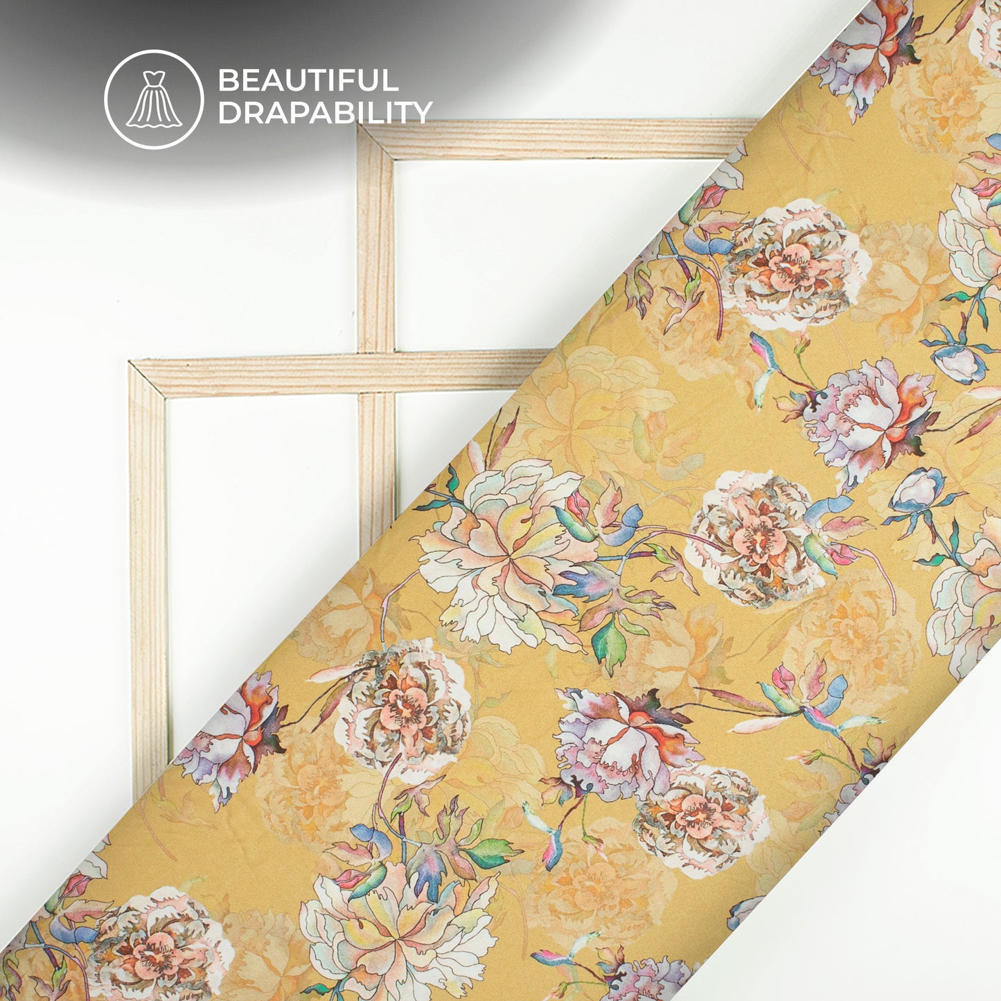 Flaxen Yellow Floral Digital Print Charmeuse Satin Fabric (Width 58 Inches)