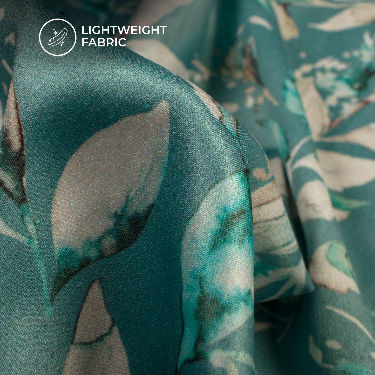 Cadet Blue Leafage Digital Print Charmeuse Satin Fabric (Width 58 Inches)