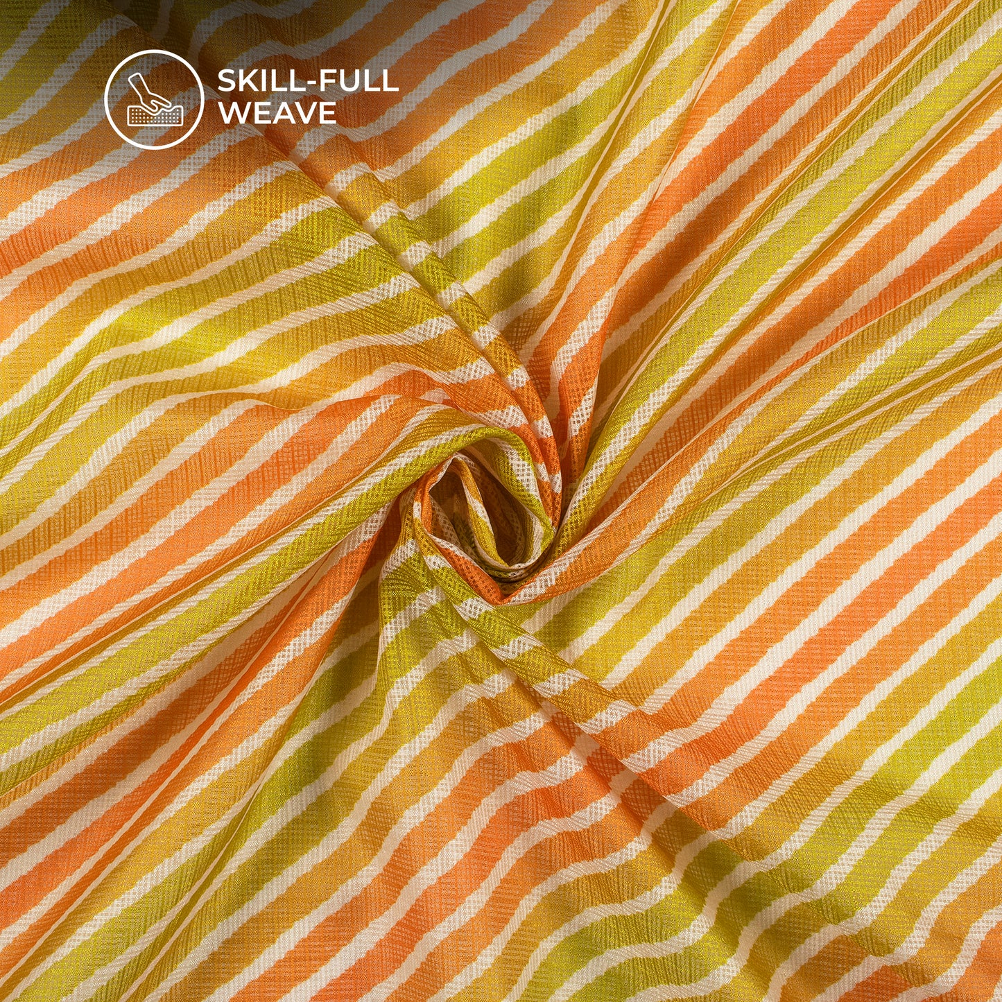 Orange And Green Leheriya Digital Print Kota Doria Fabric