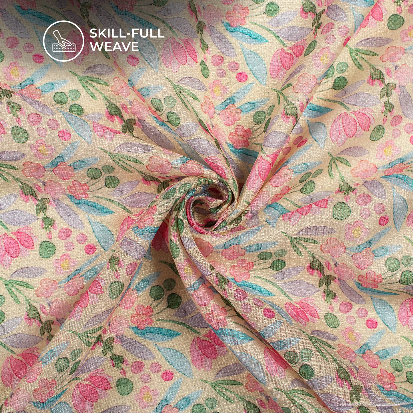 Cream And Pink Floral Digital Print Kota Doria Fabric