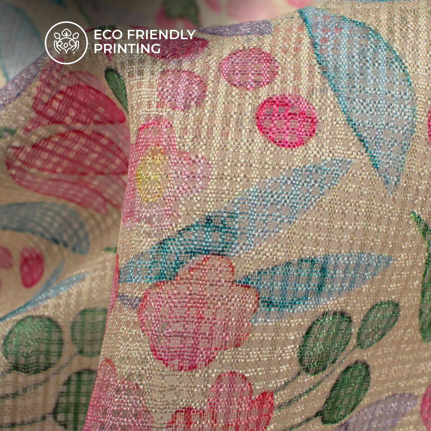 Cream And Pink Floral Digital Print Kota Doria Fabric