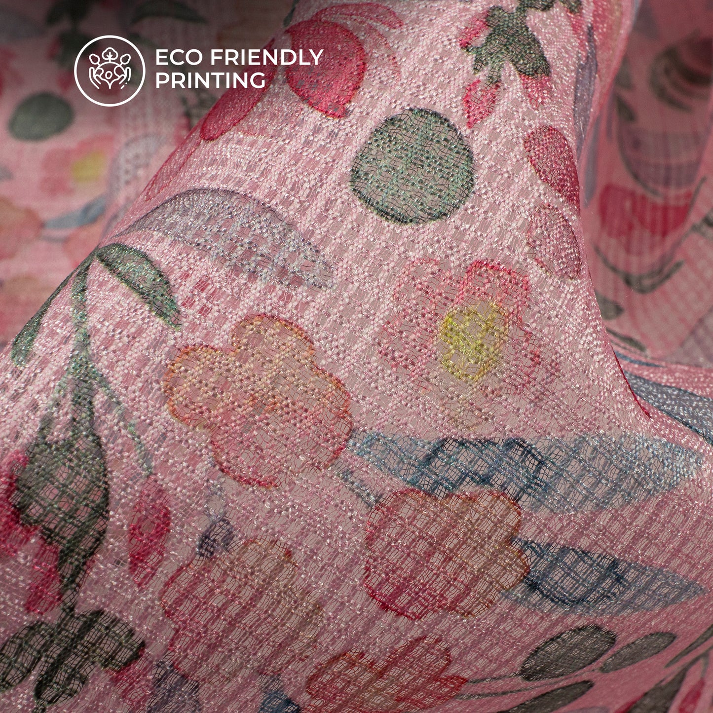 Lemonade Pink And Green Floral Digital Print Kota Doria Fabric