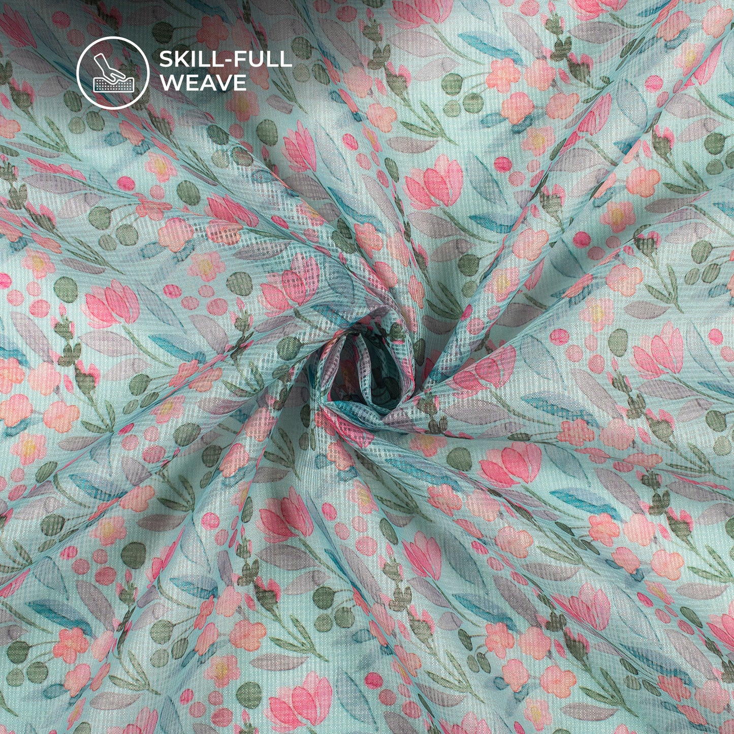 Sky Blue And Pink Floral Digital Print Kota Doria Fabric