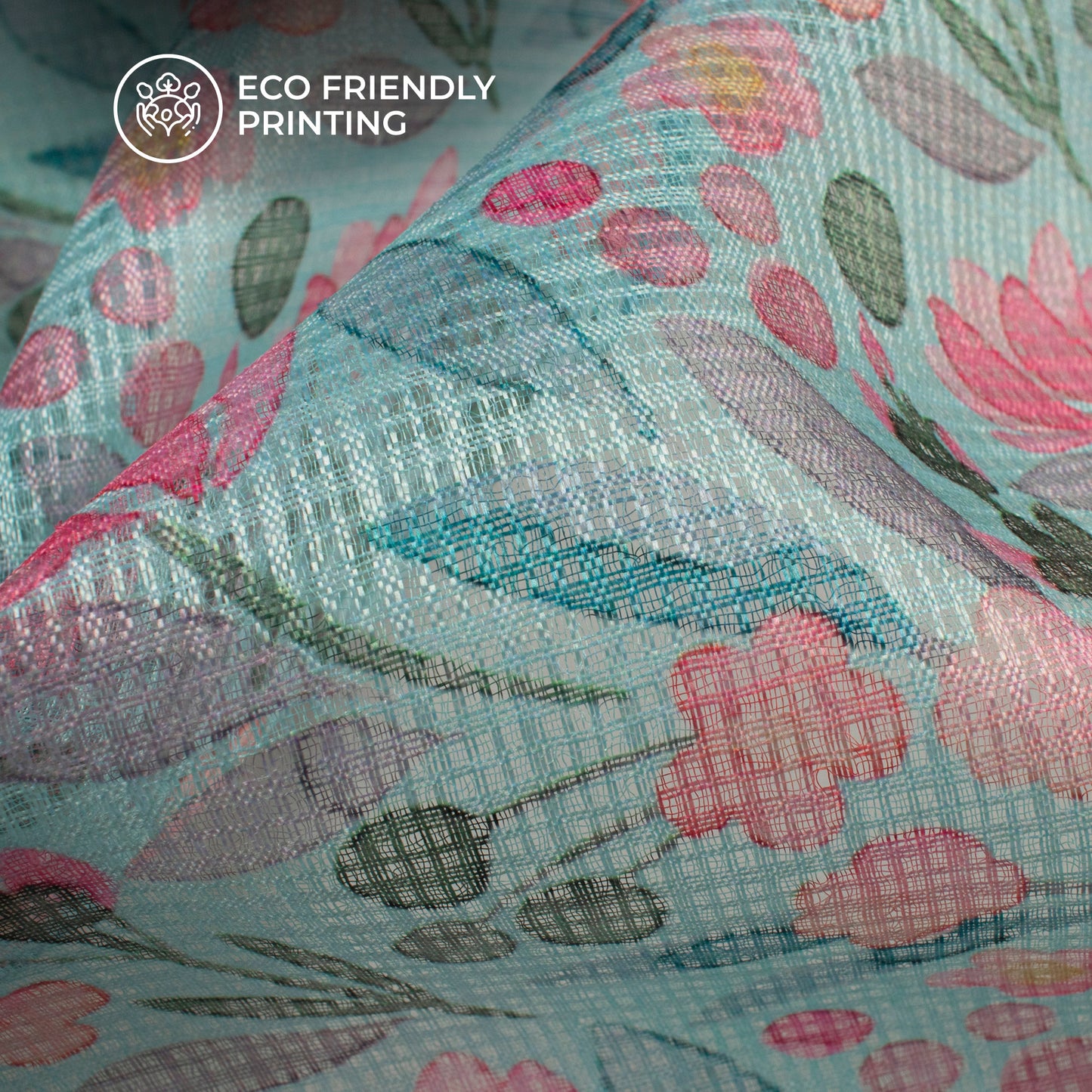 Sky Blue And Pink Floral Digital Print Kota Doria Fabric