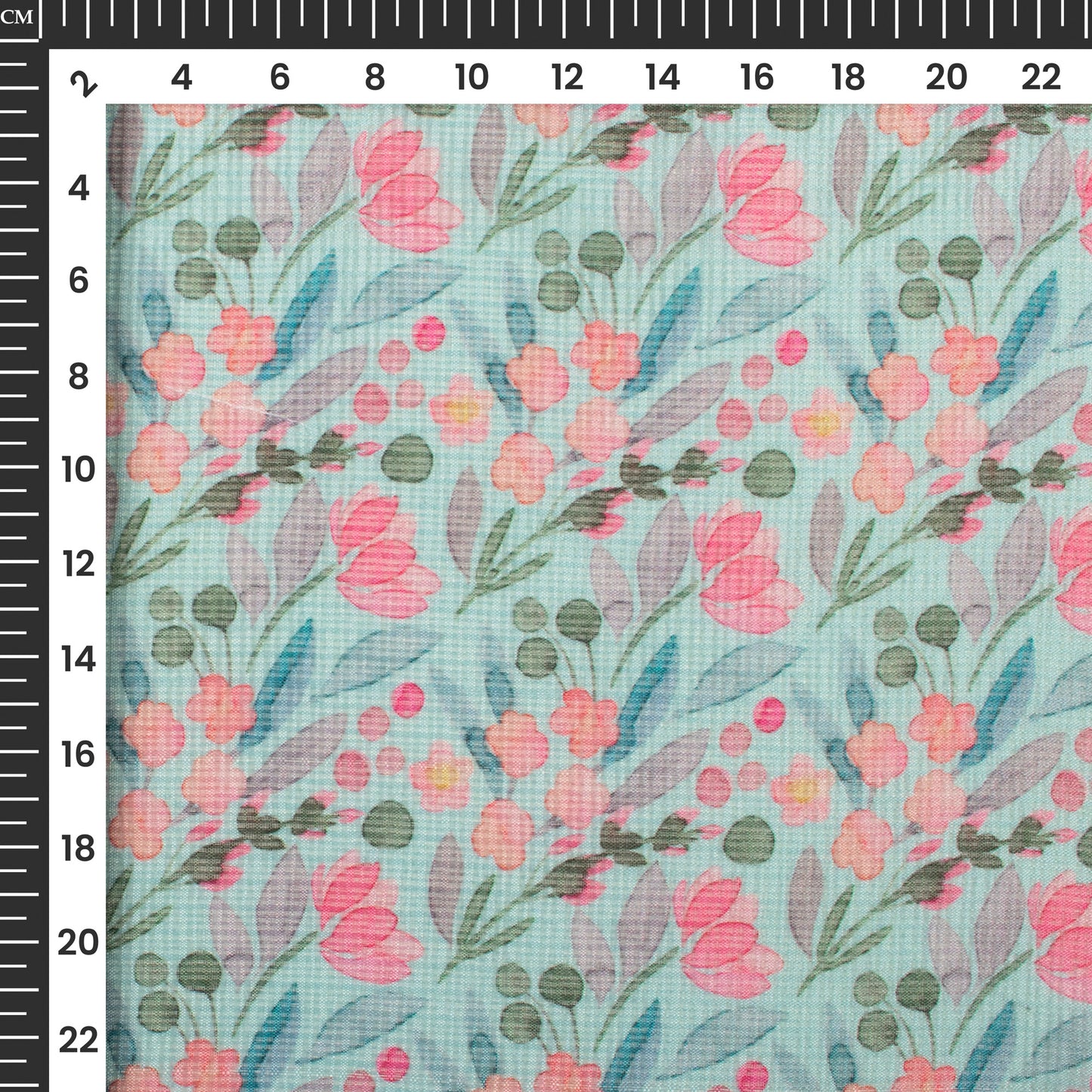 Sky Blue And Pink Floral Digital Print Kota Doria Fabric