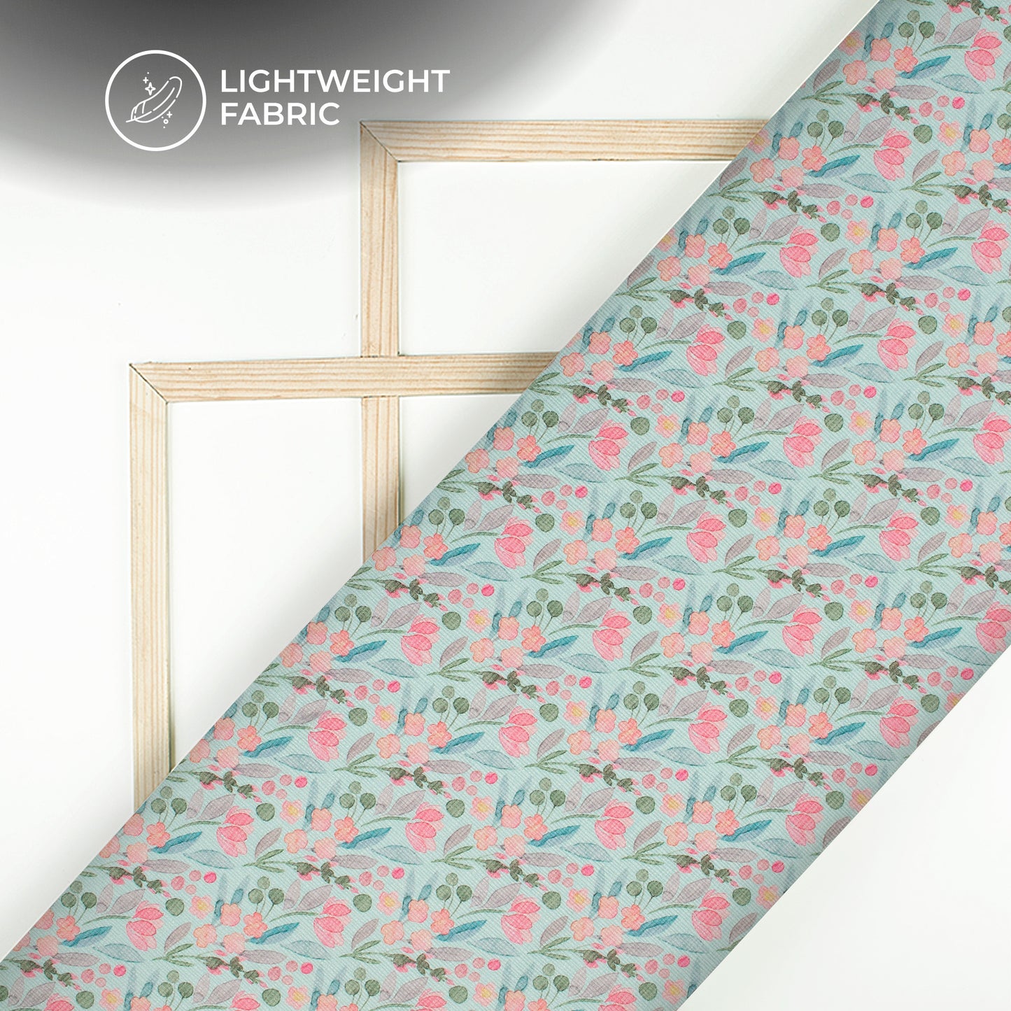 Sky Blue And Pink Floral Digital Print Kota Doria Fabric