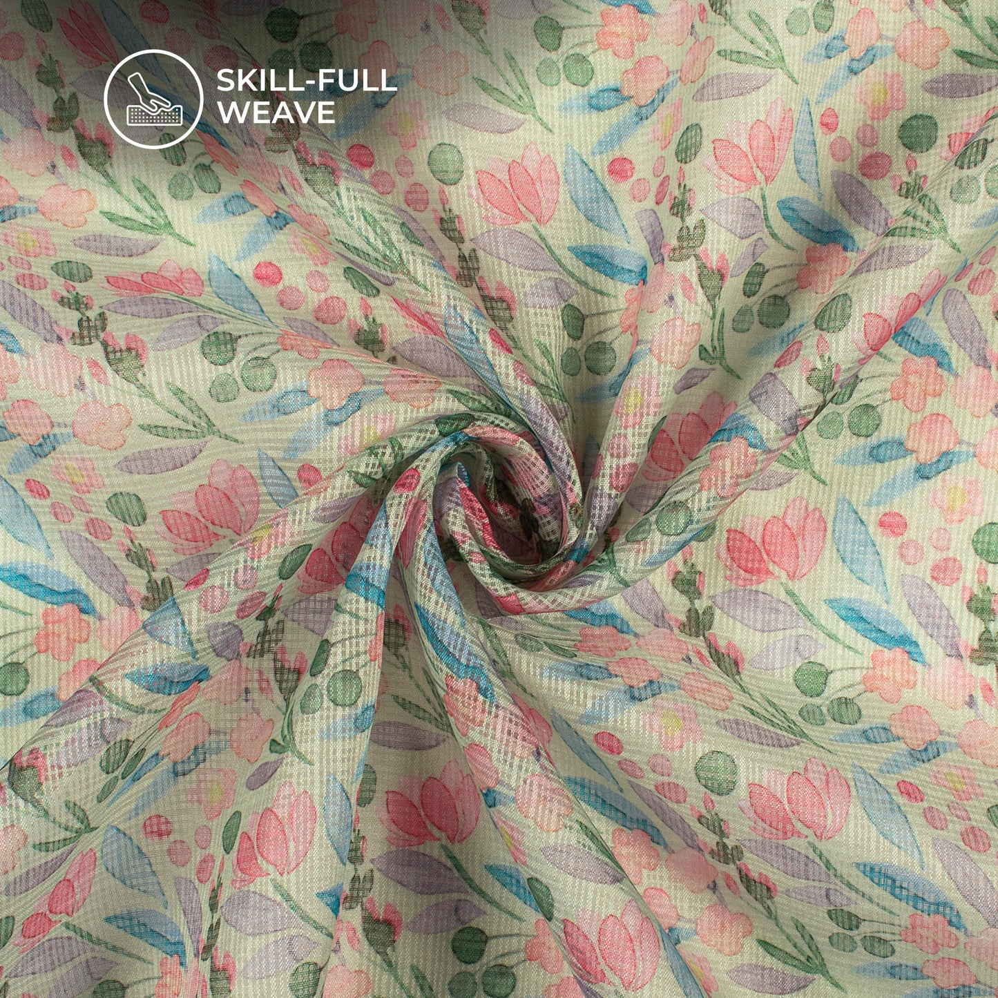 Tea Green And Pink Floral Digital Print Kota Doria Fabric