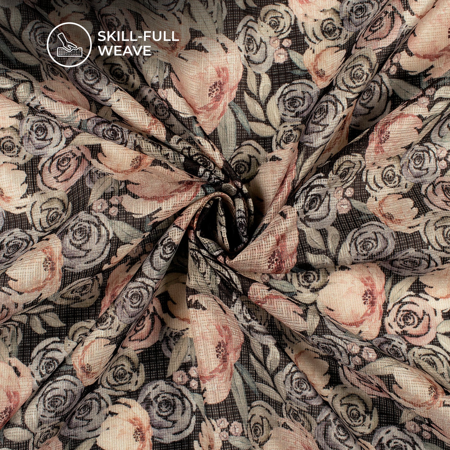 Black And Peach Floral Digital Print Kota Doria Fabric