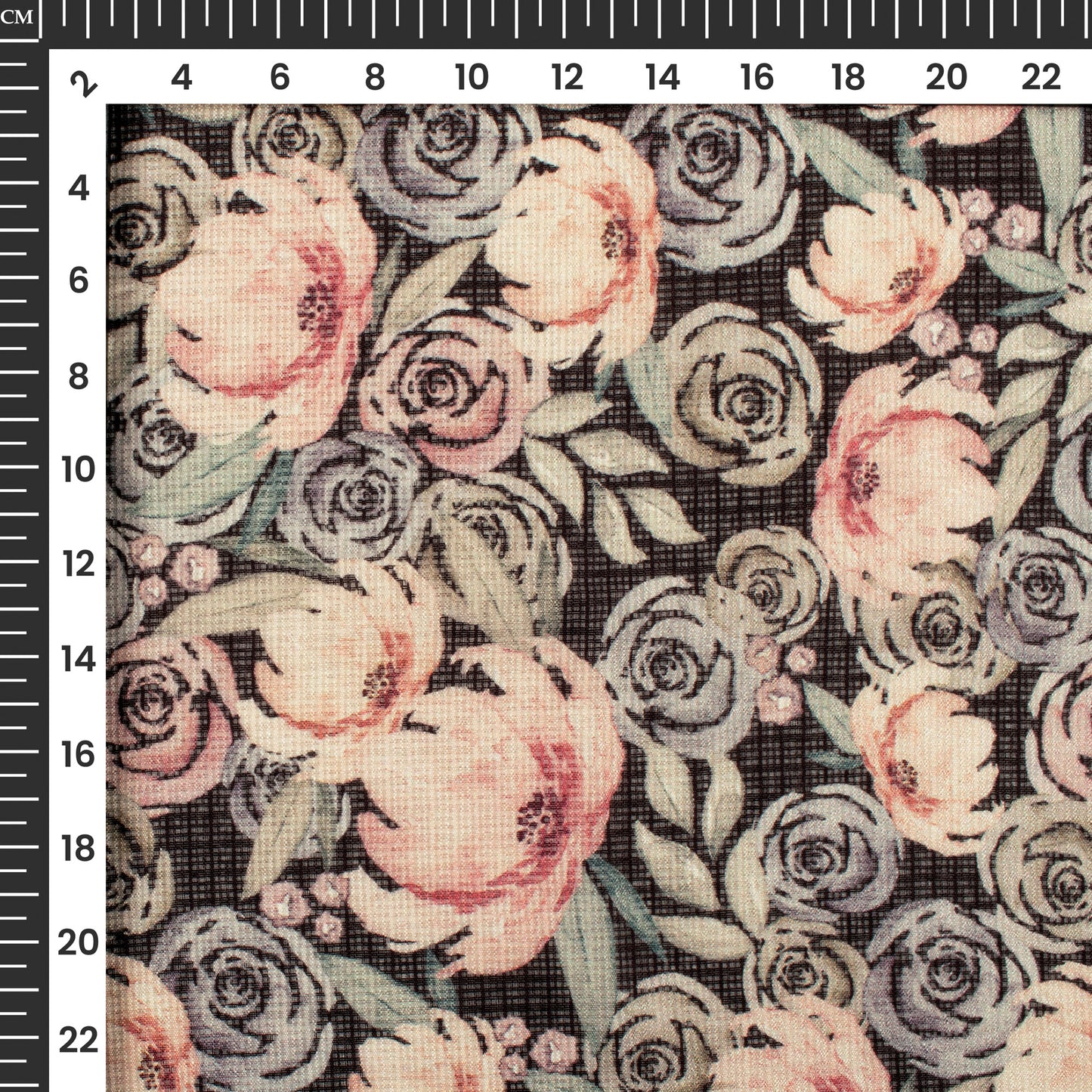 Black And Peach Floral Digital Print Kota Doria Fabric