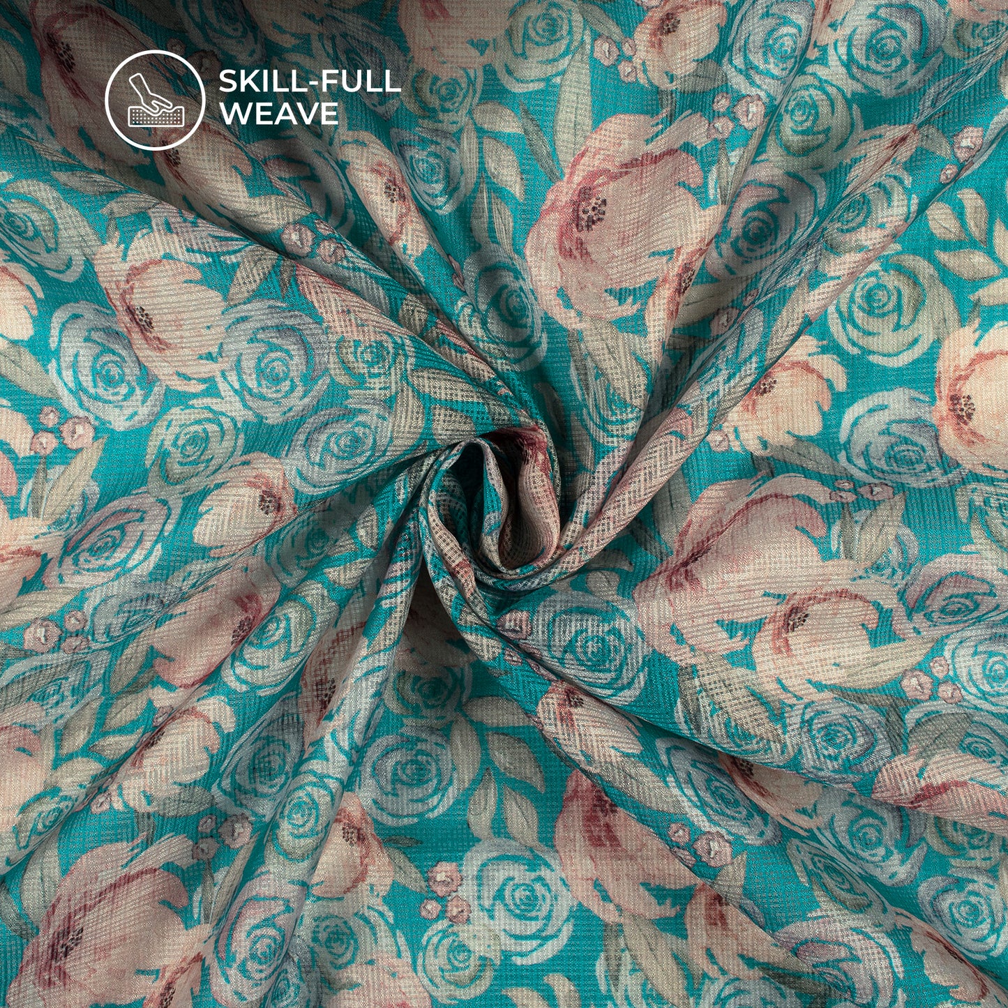 Azure Blue And Peach Floral Digital Print Kota Doria Fabric