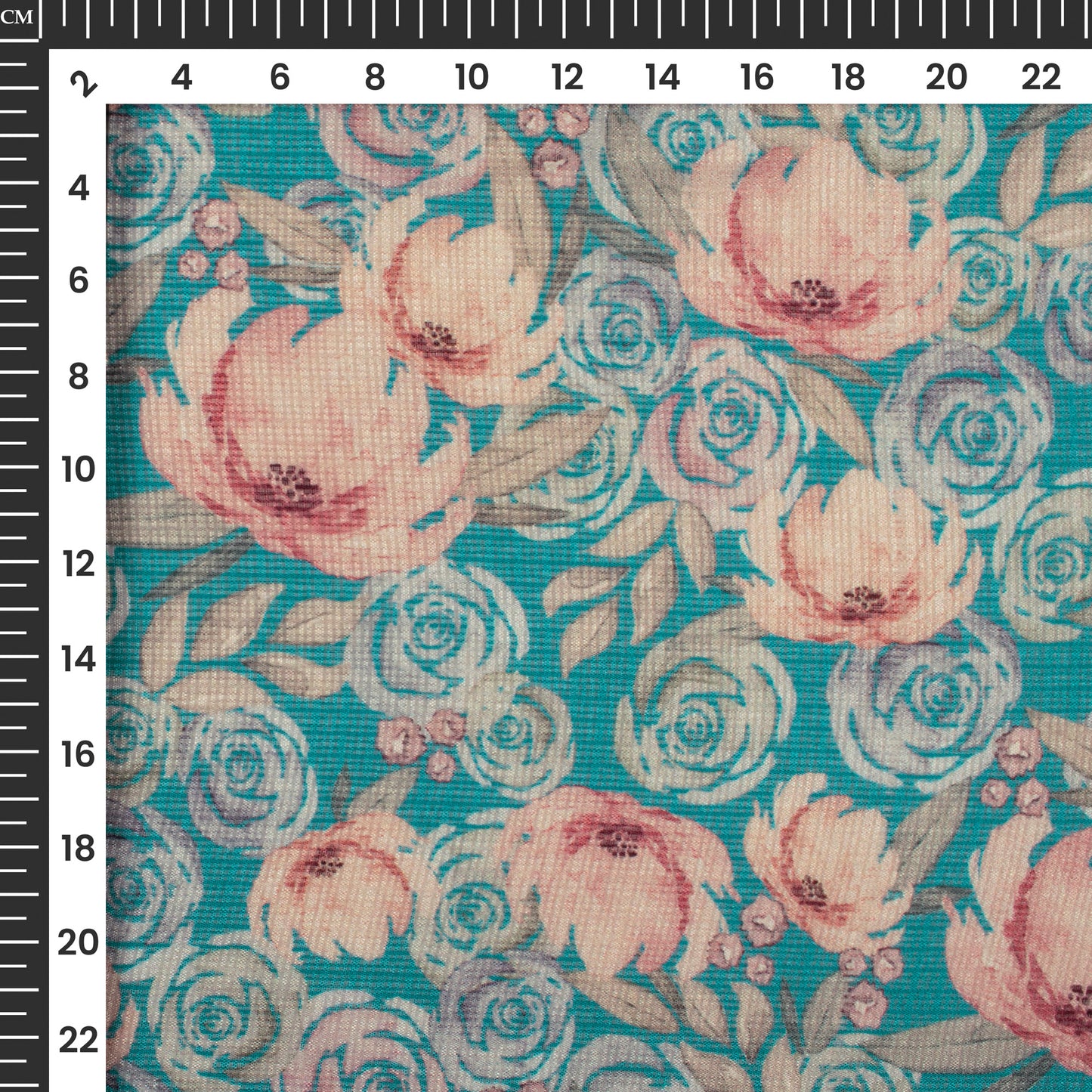 Azure Blue And Peach Floral Digital Print Kota Doria Fabric