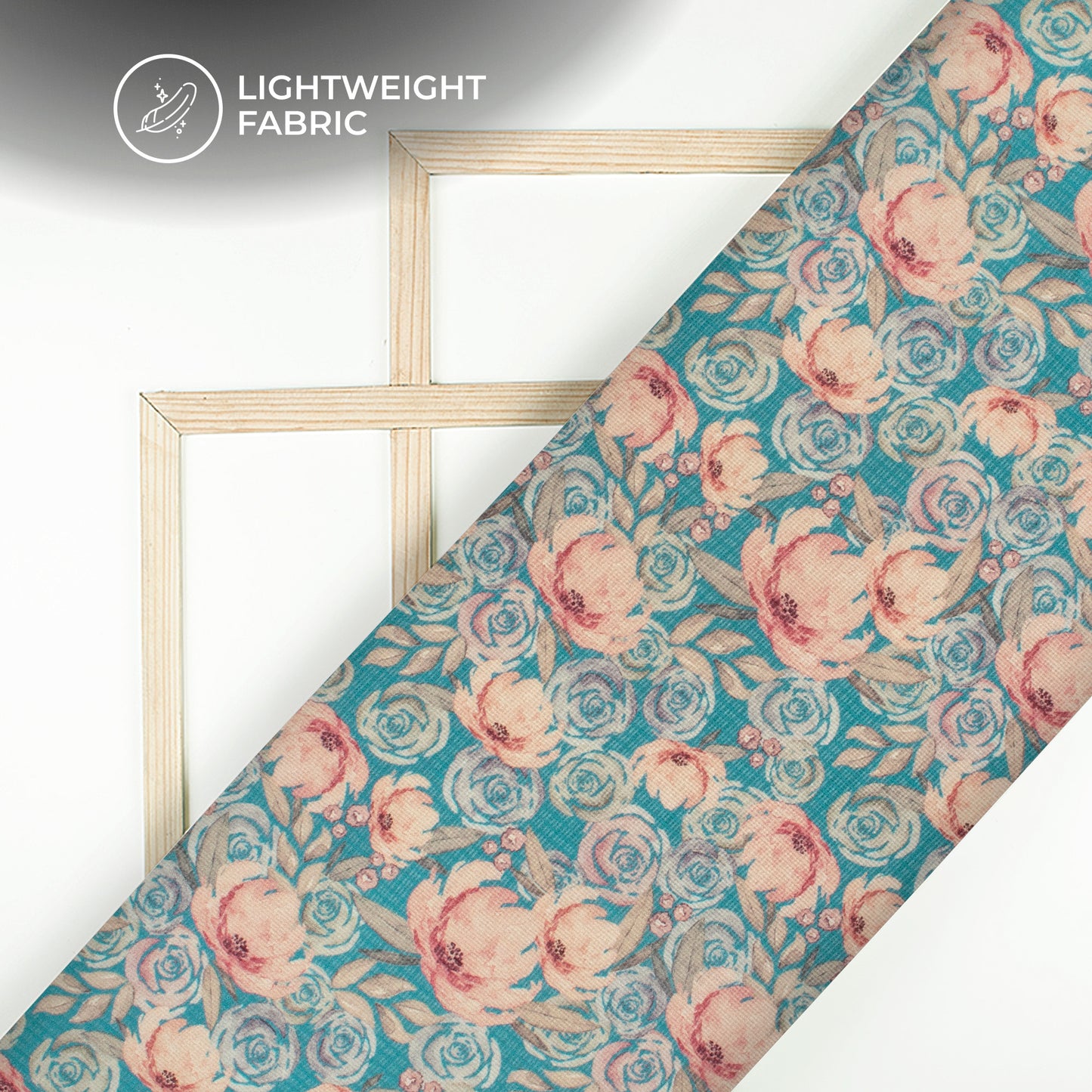 Azure Blue And Peach Floral Digital Print Kota Doria Fabric