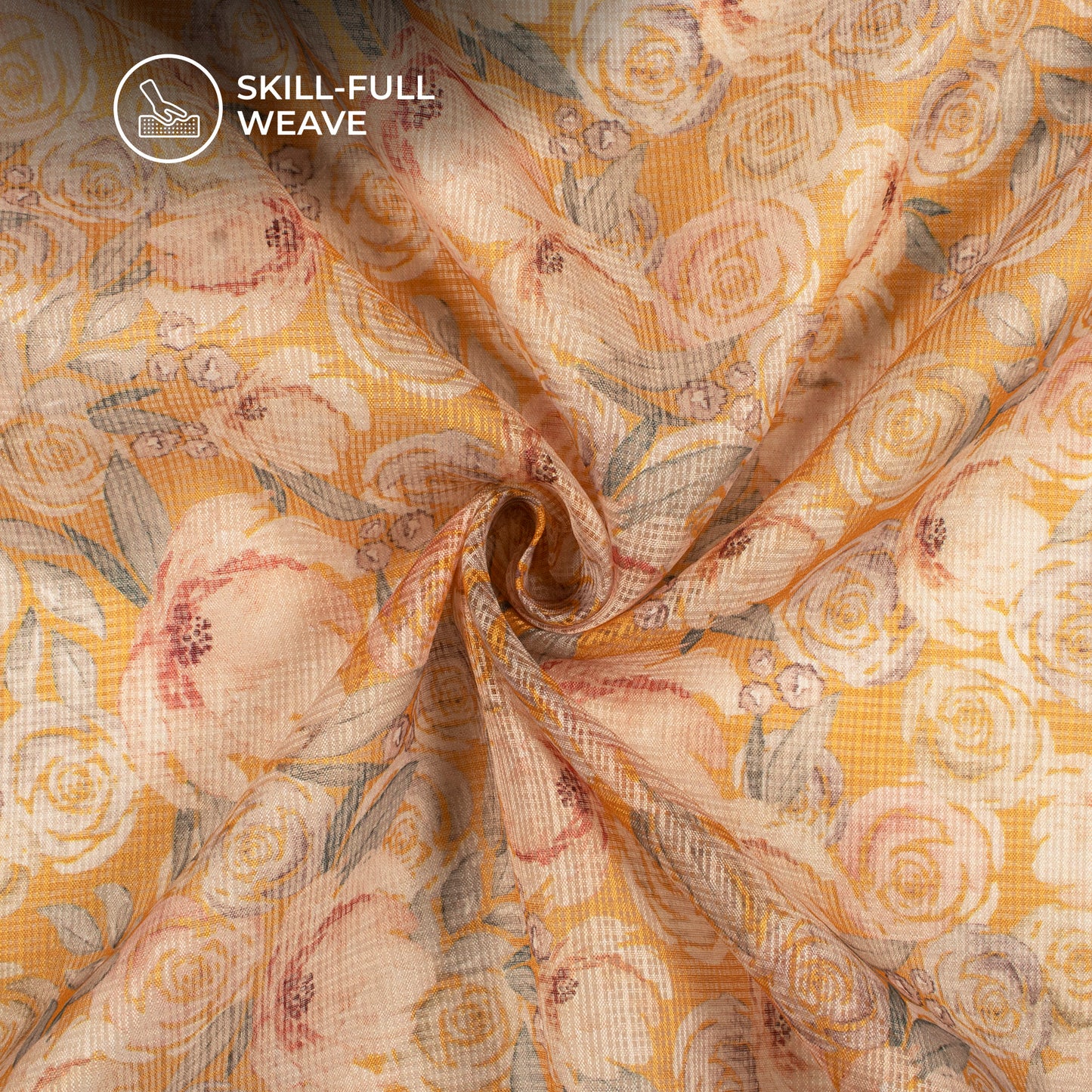 Merigold Orange And Peach Floral Digital Print Kota Doria Fabric