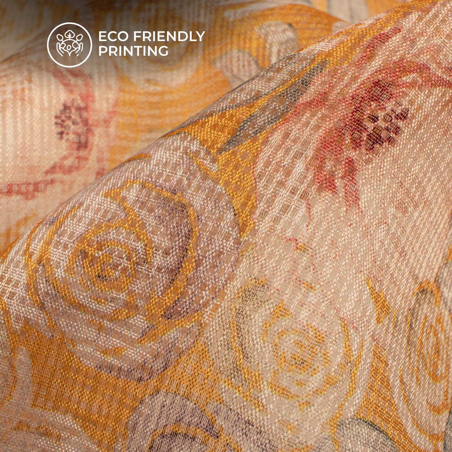 Merigold Orange And Peach Floral Digital Print Kota Doria Fabric