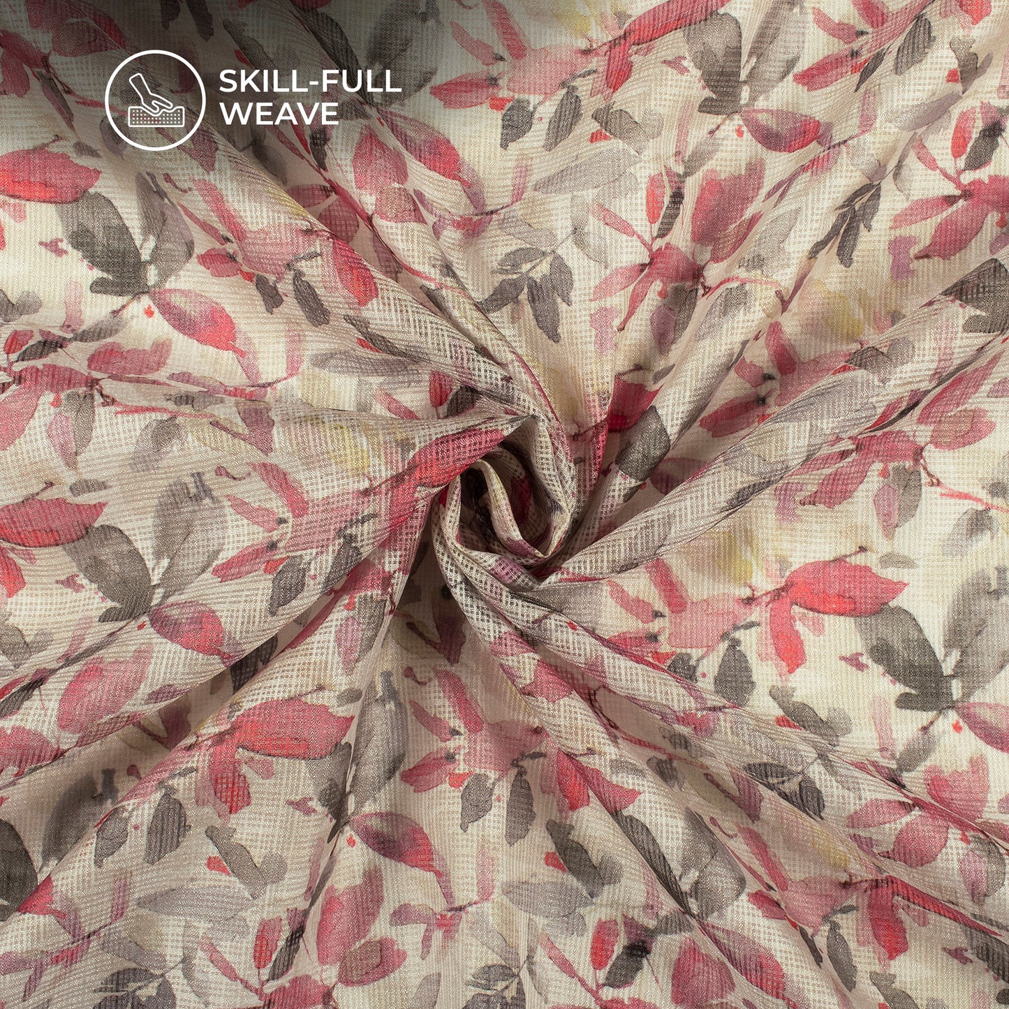 Off White And Pink Leaf Digital Print Kota Doria Fabric