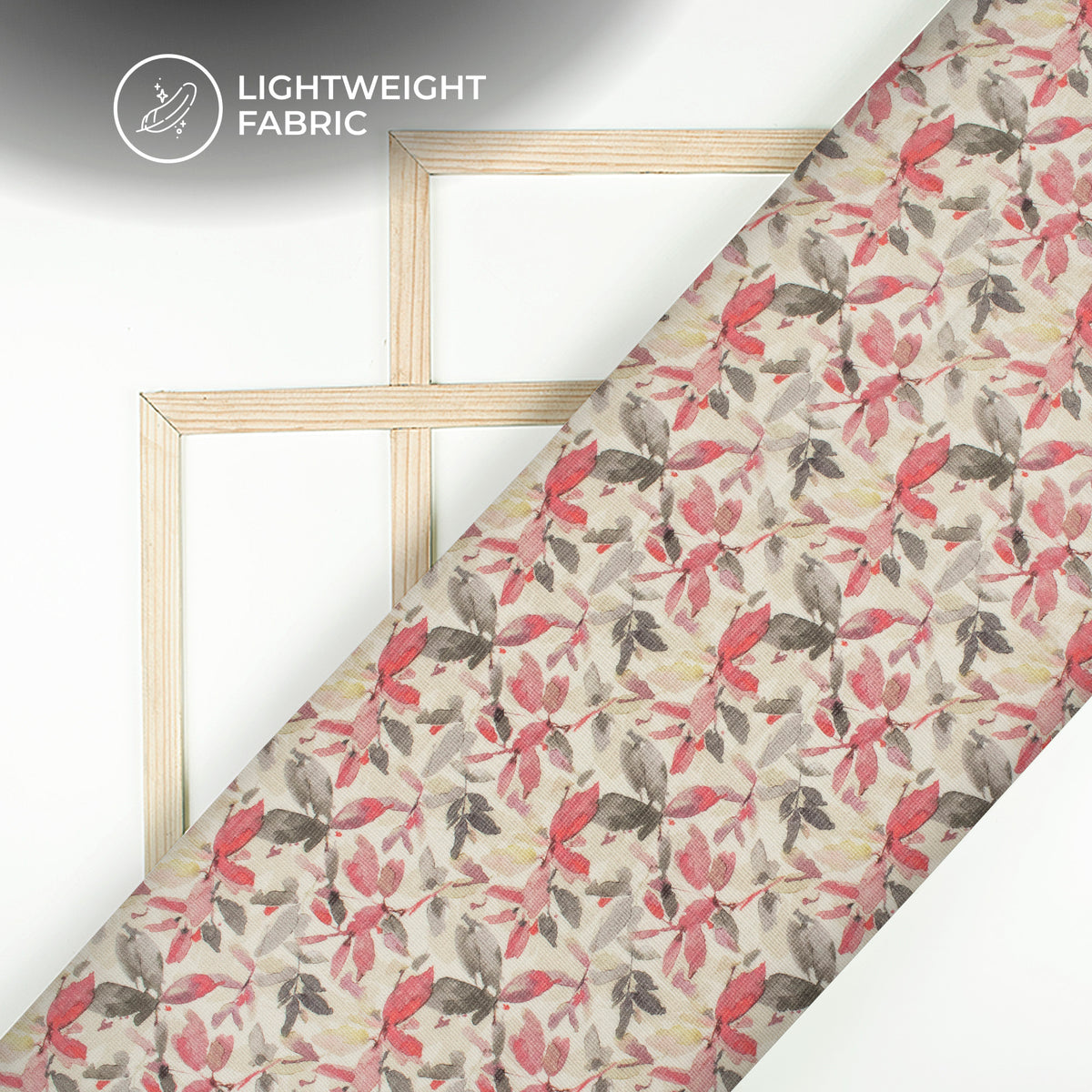 Off White And Pink Leaf Digital Print Kota Doria Fabric