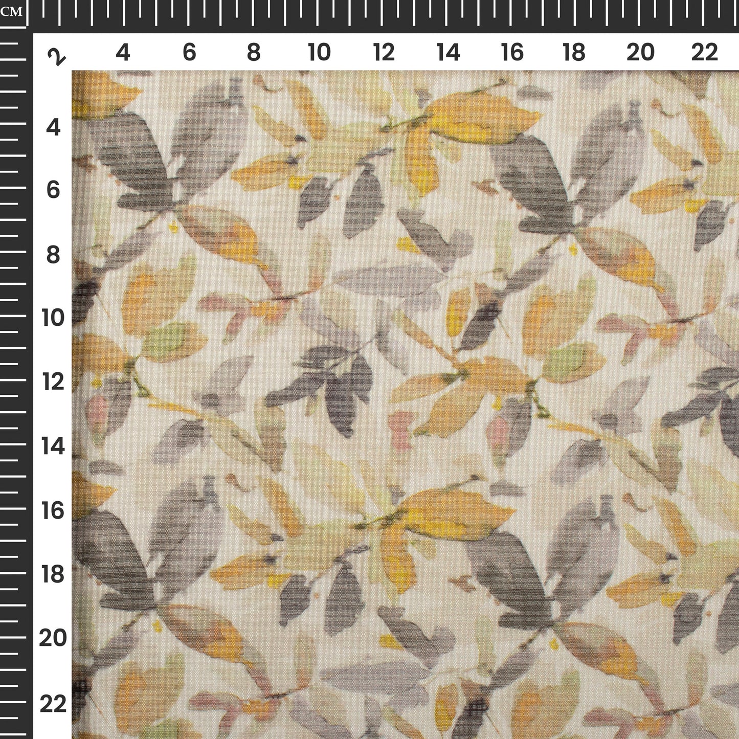 Off White And Bright Yollow Leaf Digital Print Kota Doria Fabric