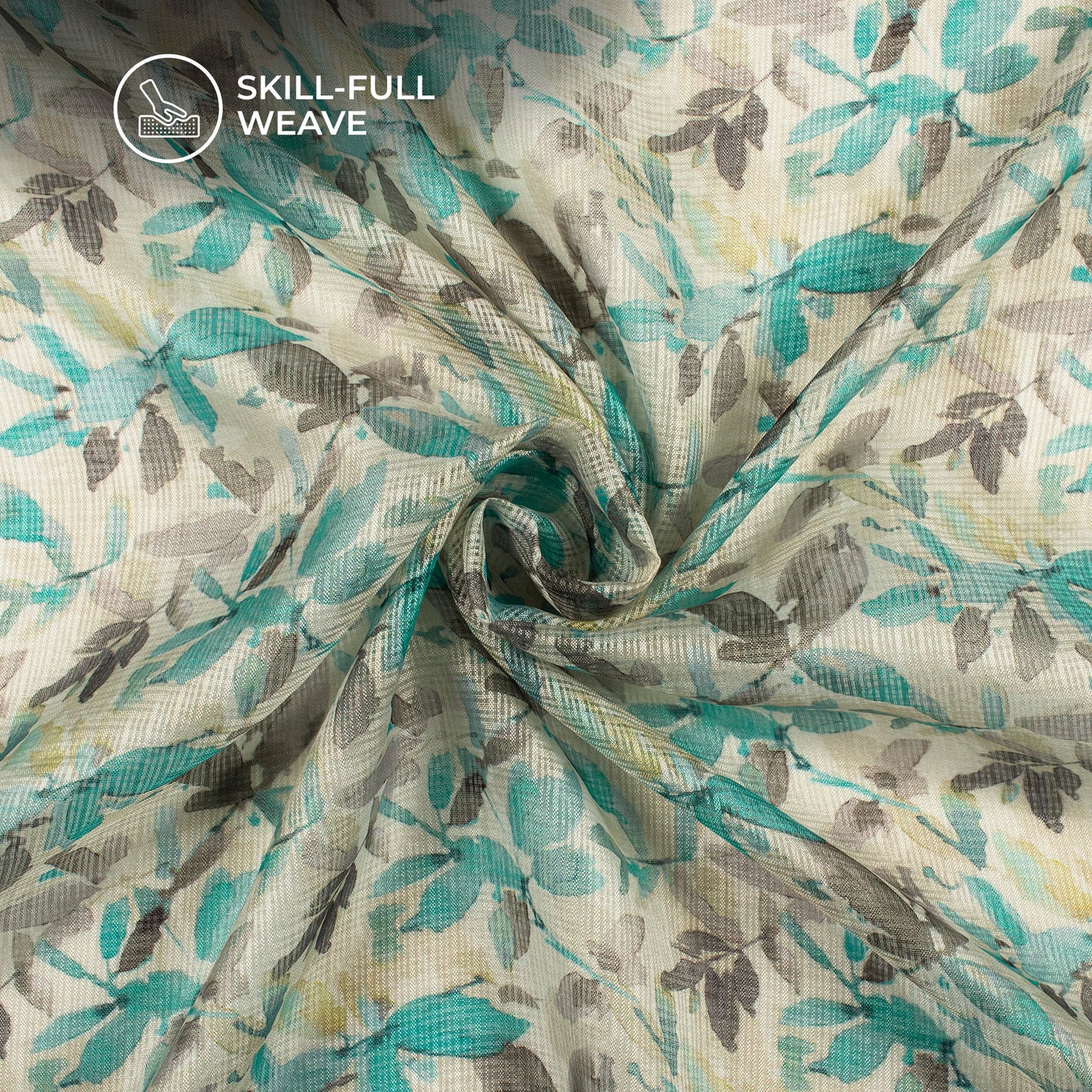 Ivory White And Teal Blue Leaf Digital Print Kota Doria Fabric