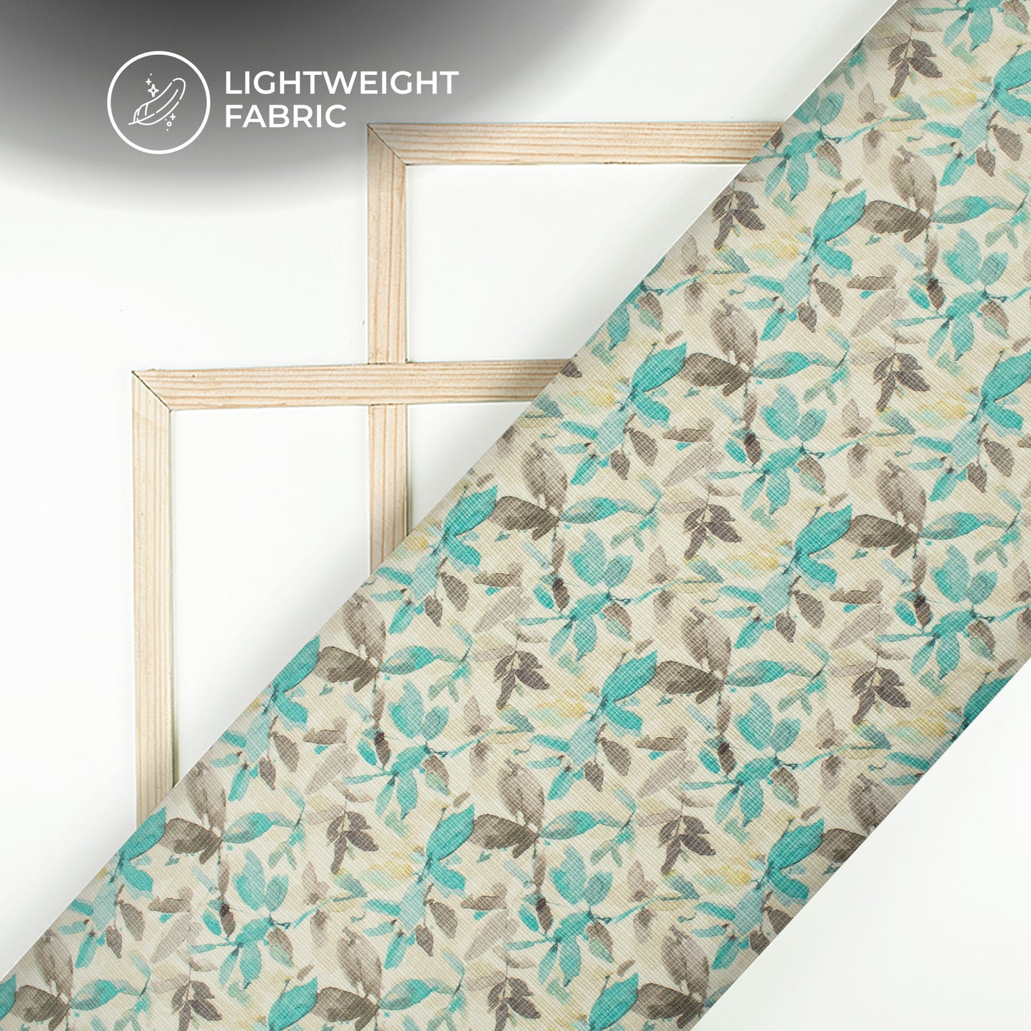 Ivory White And Teal Blue Leaf Digital Print Kota Doria Fabric