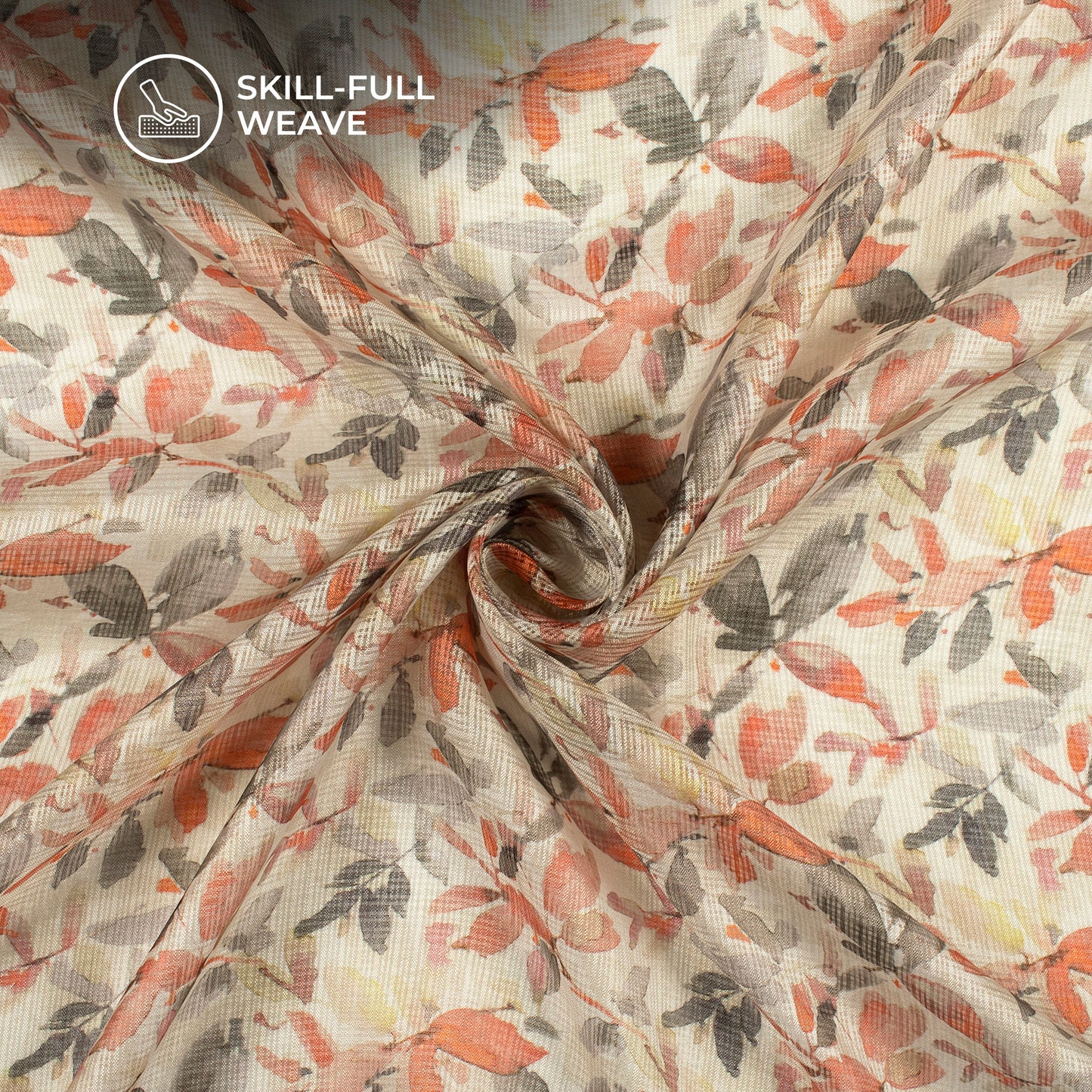 Off White And Orange Leaf Digital Print Kota Doria Fabric