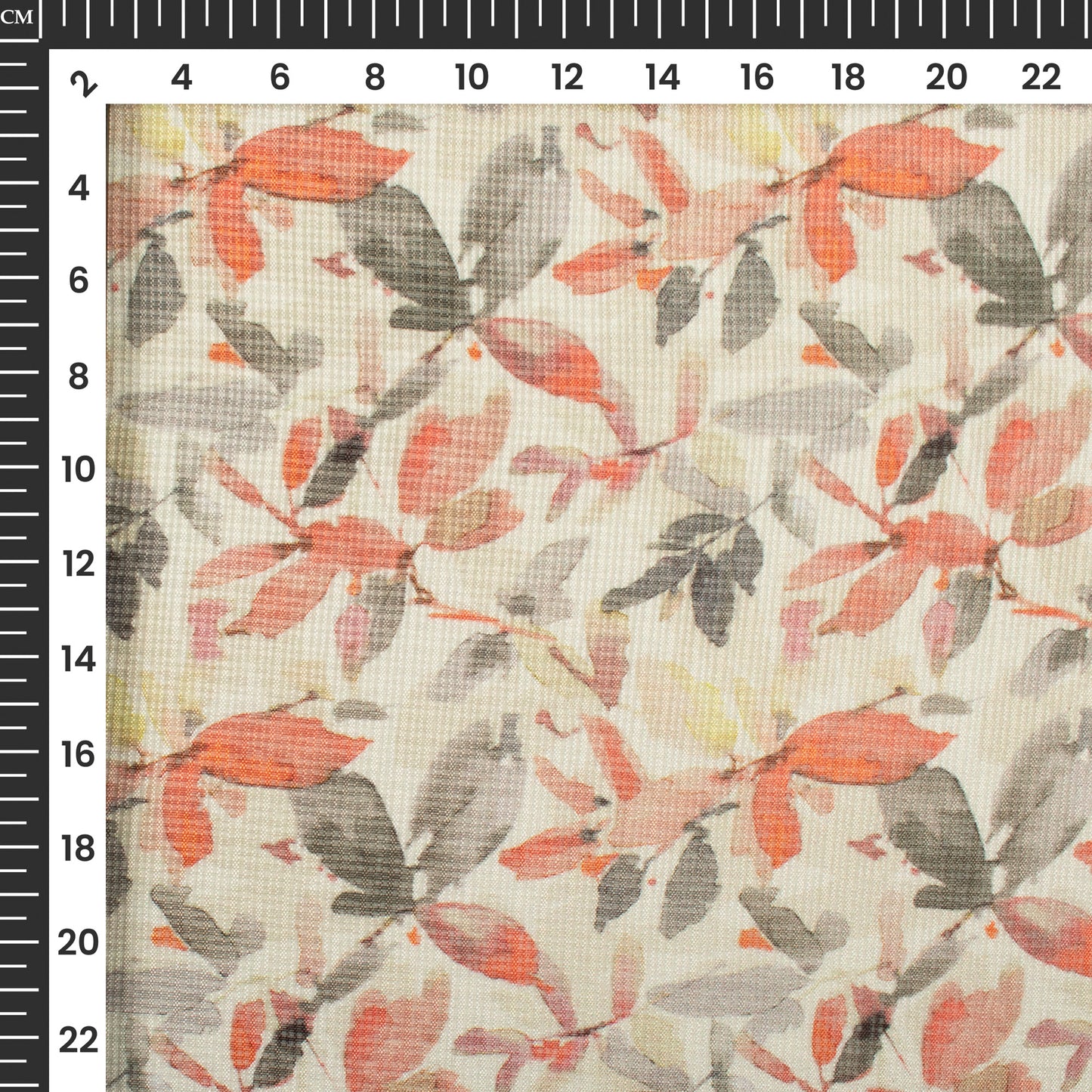 Off White And Orange Leaf Digital Print Kota Doria Fabric