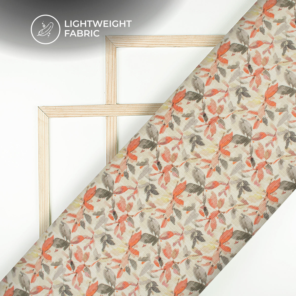 Off White And Orange Leaf Digital Print Kota Doria Fabric