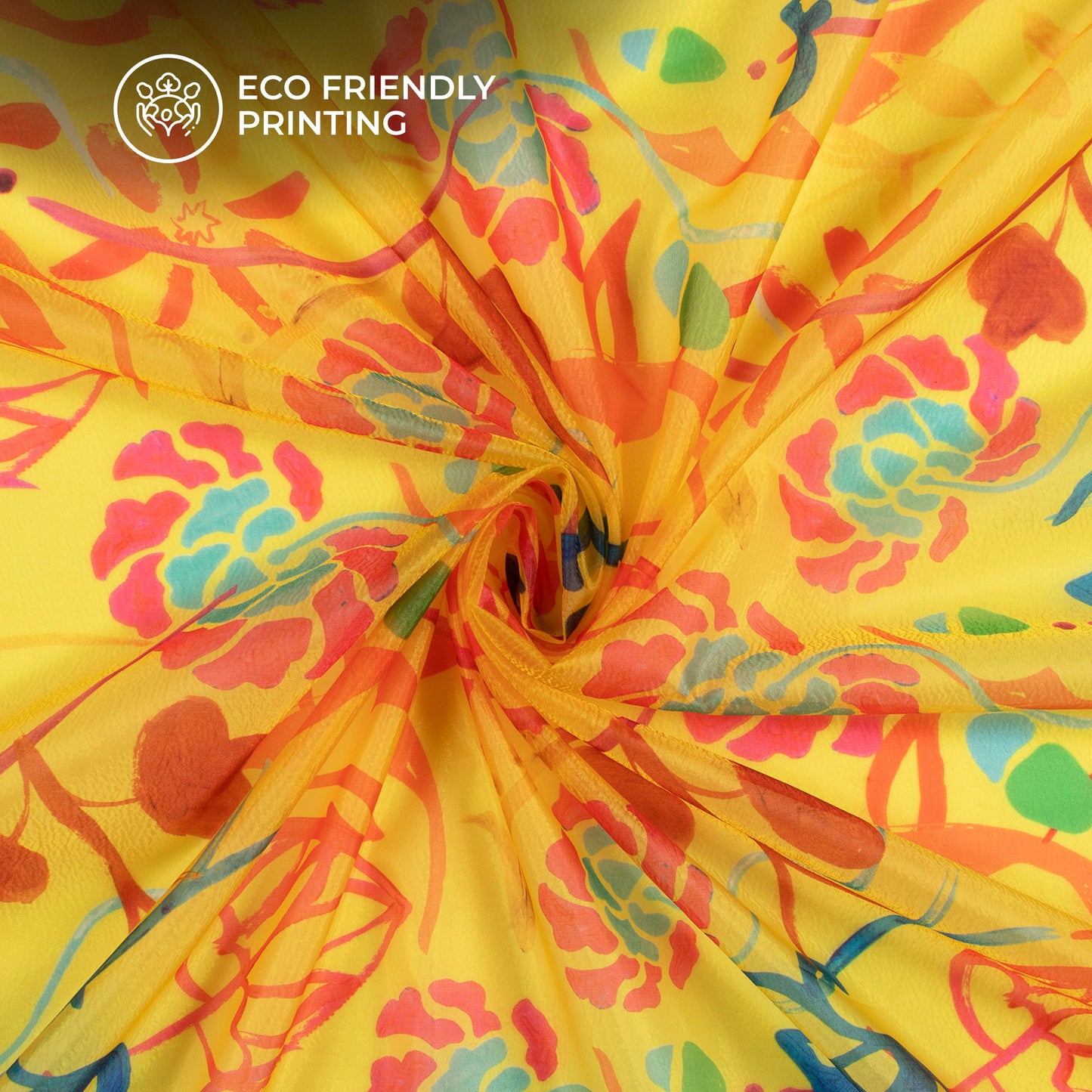 Bright Yellow Digital Print Organza Satin Fabric
