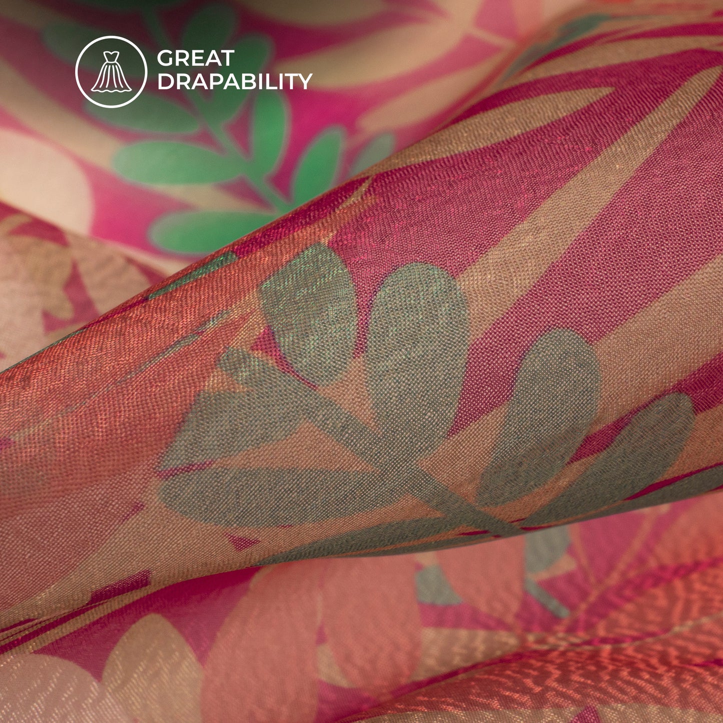 Blushing Leafage Digital Print Organza Satin Fabric