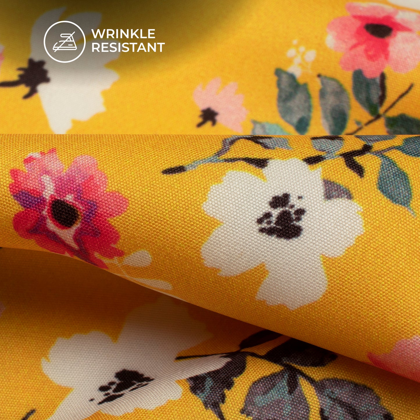 Brilliant Yellow Floral Digital Print Butter Crepe Fabric