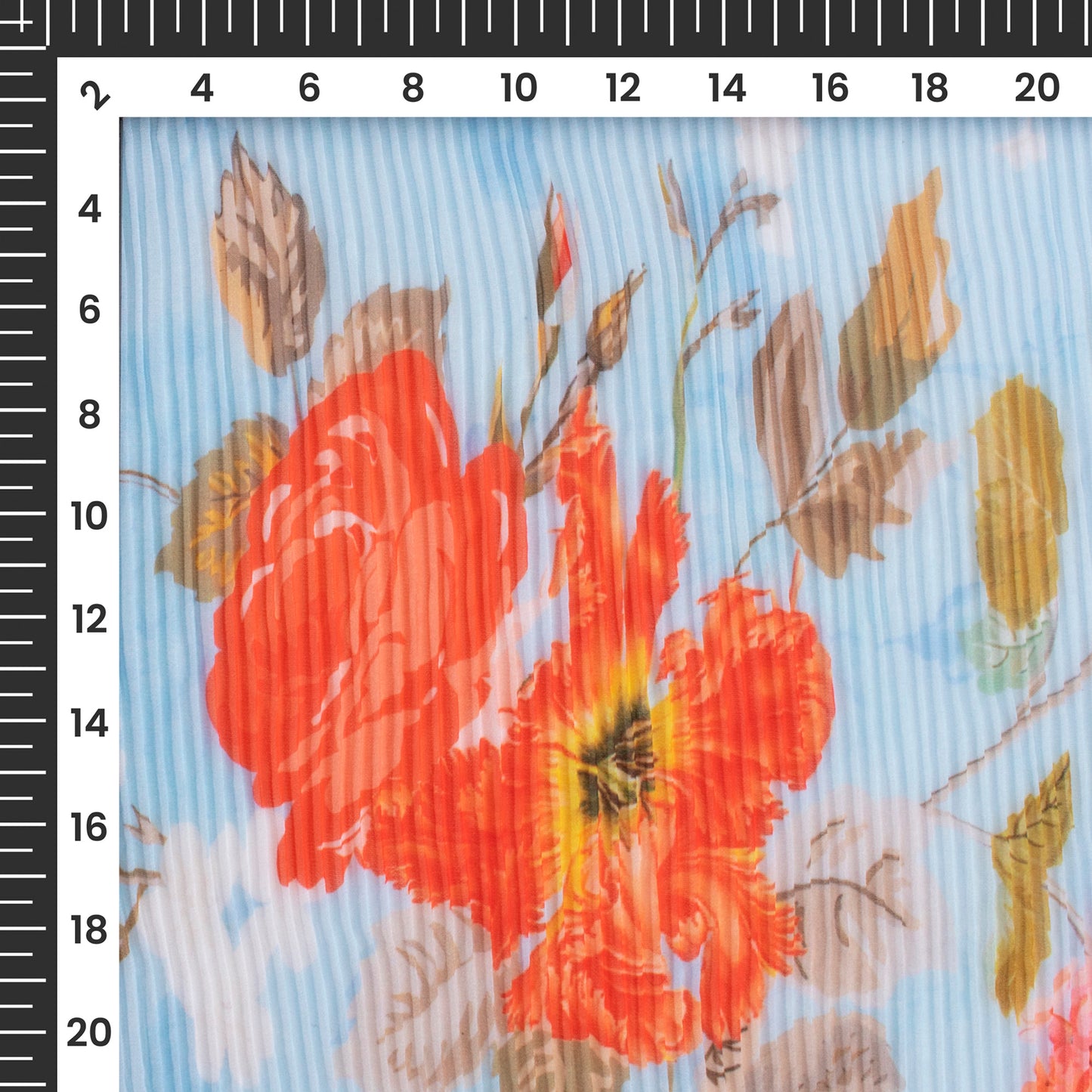 Fire Orange Floral Digital Print Georgette Pleated Fabric