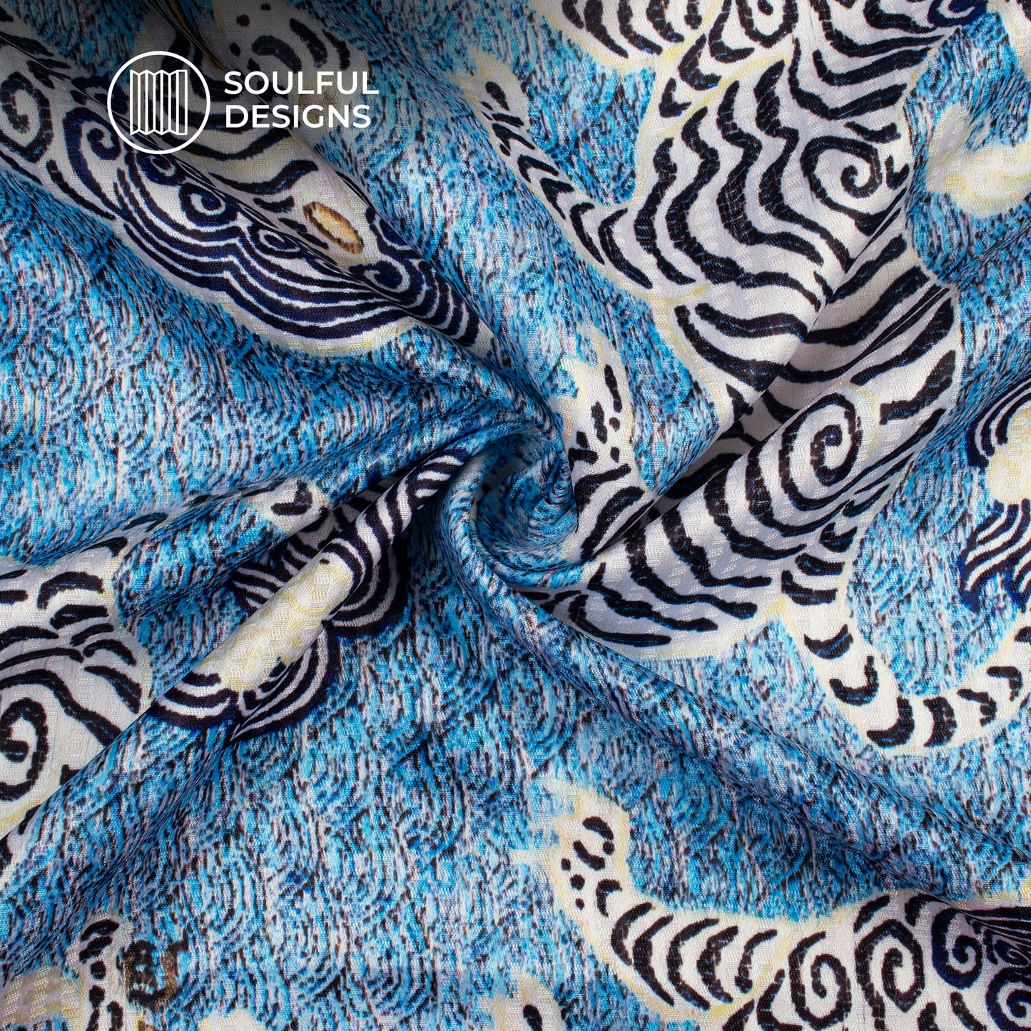 Blue And Cream Animal Pattaern Digital Print Sherwani Fabric