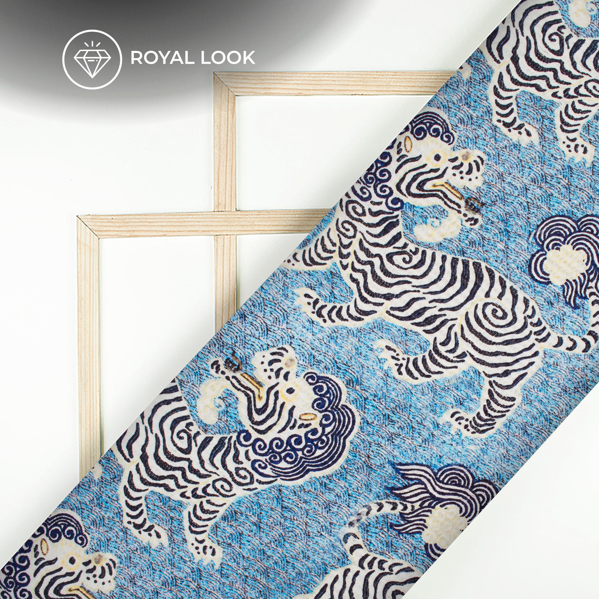 Blue And Cream Animal Pattaern Digital Print Sherwani Fabric