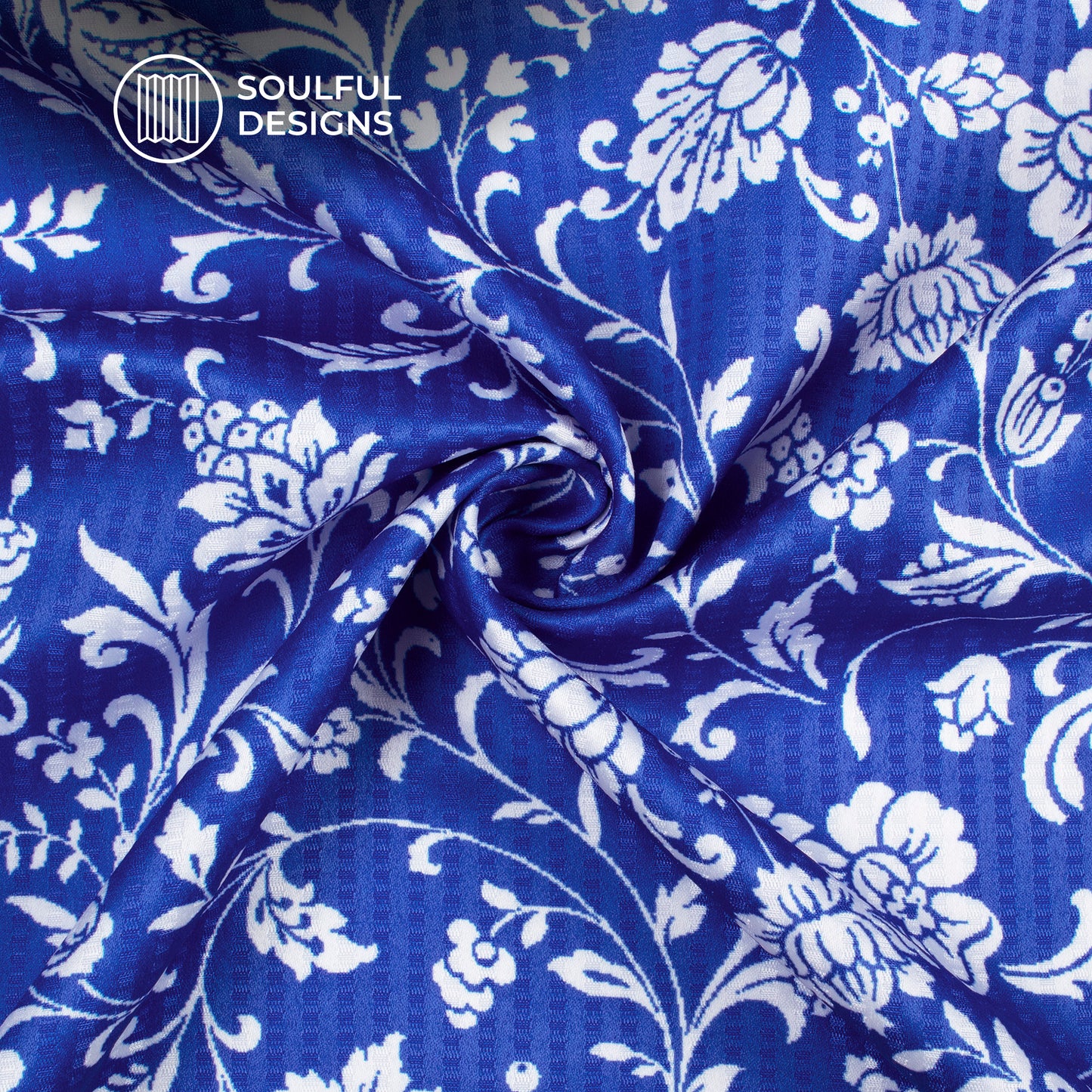 Lapis Blue And White Floral Pattaern Digital Print Sherwani Fabric