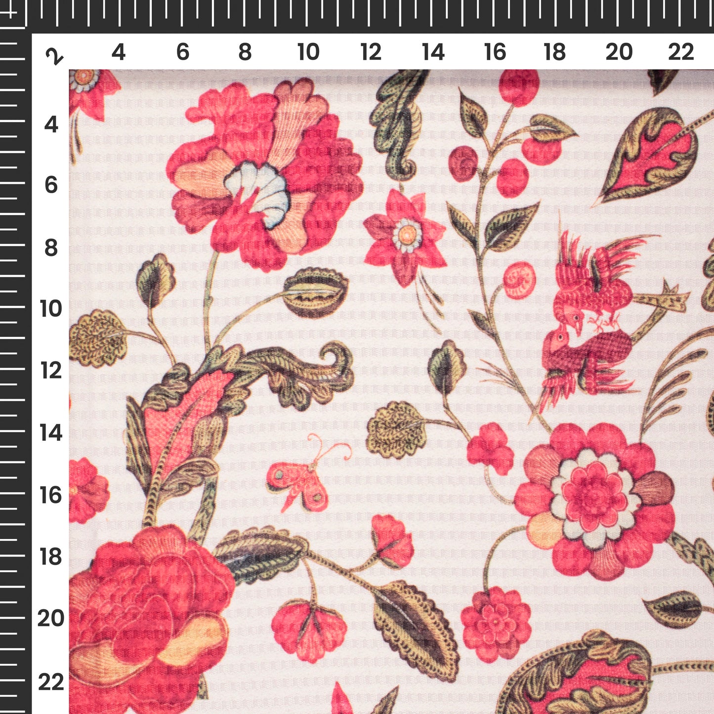 Cream And Ruby Red Floral Pattern Digital Print Sherwani Fabric