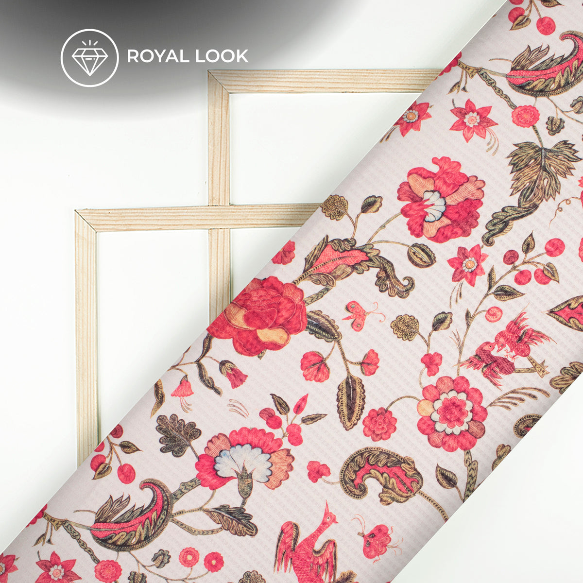 Cream And Ruby Red Floral Pattern Digital Print Sherwani Fabric