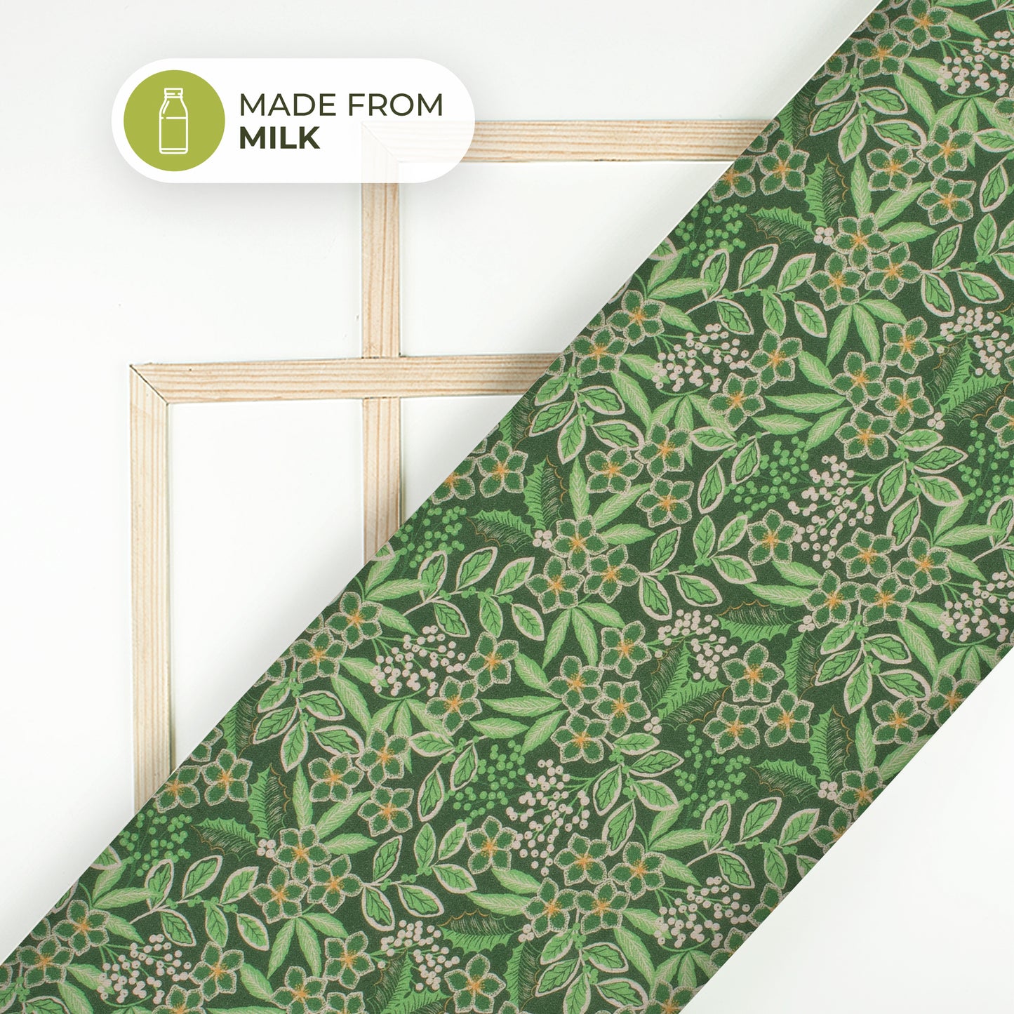 Dark Green Floral Printed Sustainable Milk Fabric