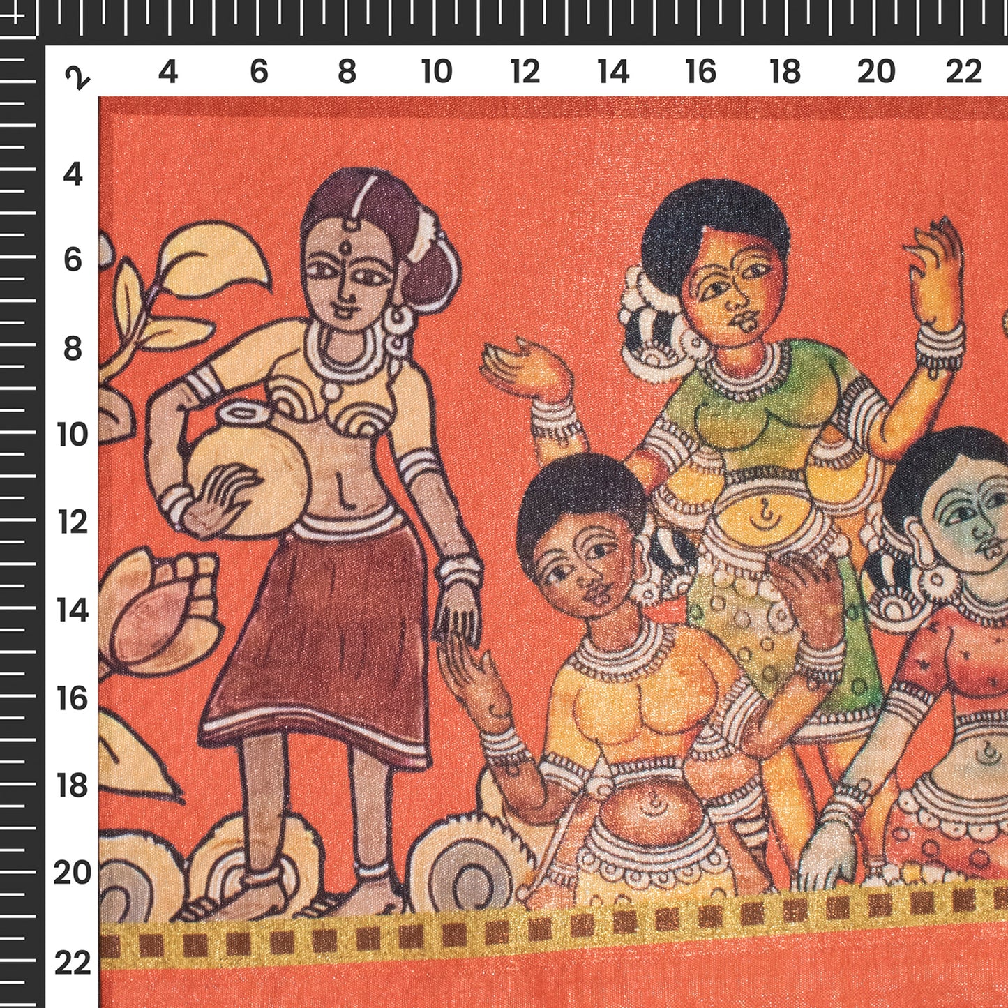 Cinnamon And Orange Madhuvanii Pattern Digital Print Silk Satin Fabric