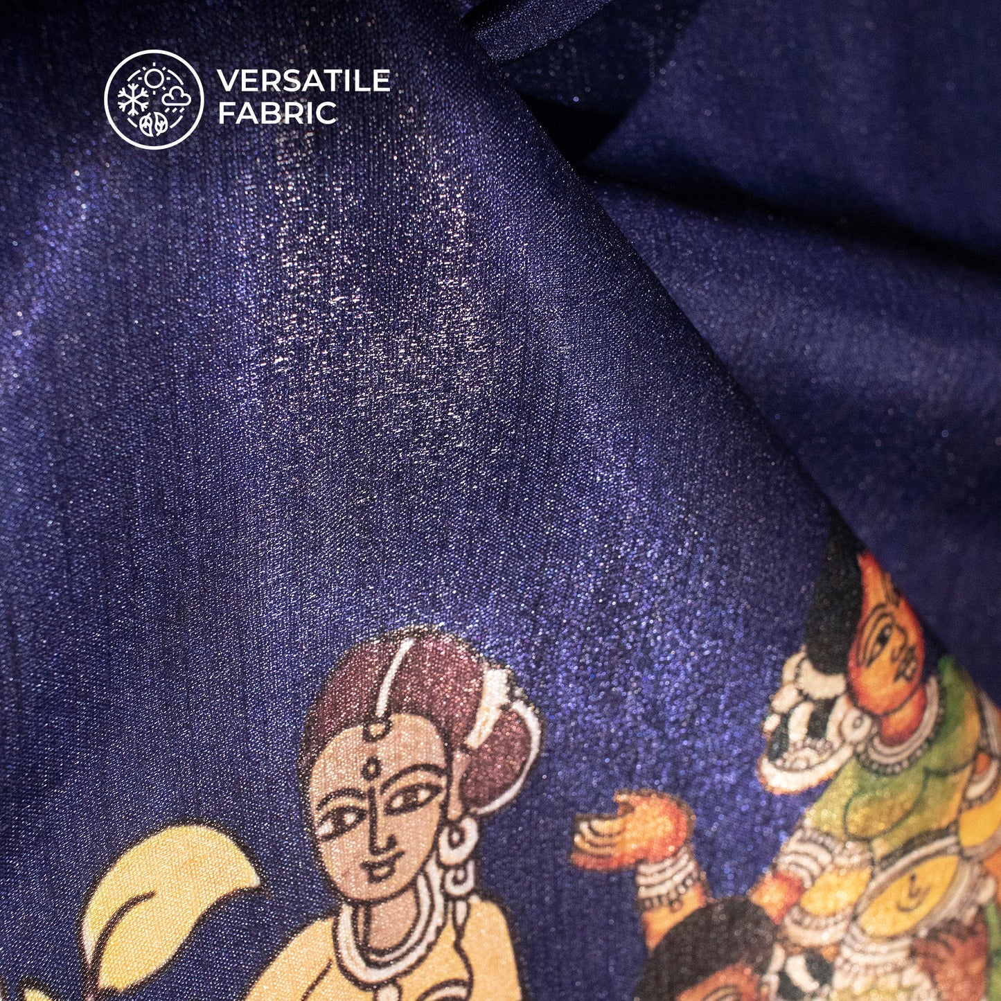 Cinnamon And Blue Madhuvanii Pattern Digital Print Silk Satin Fabric