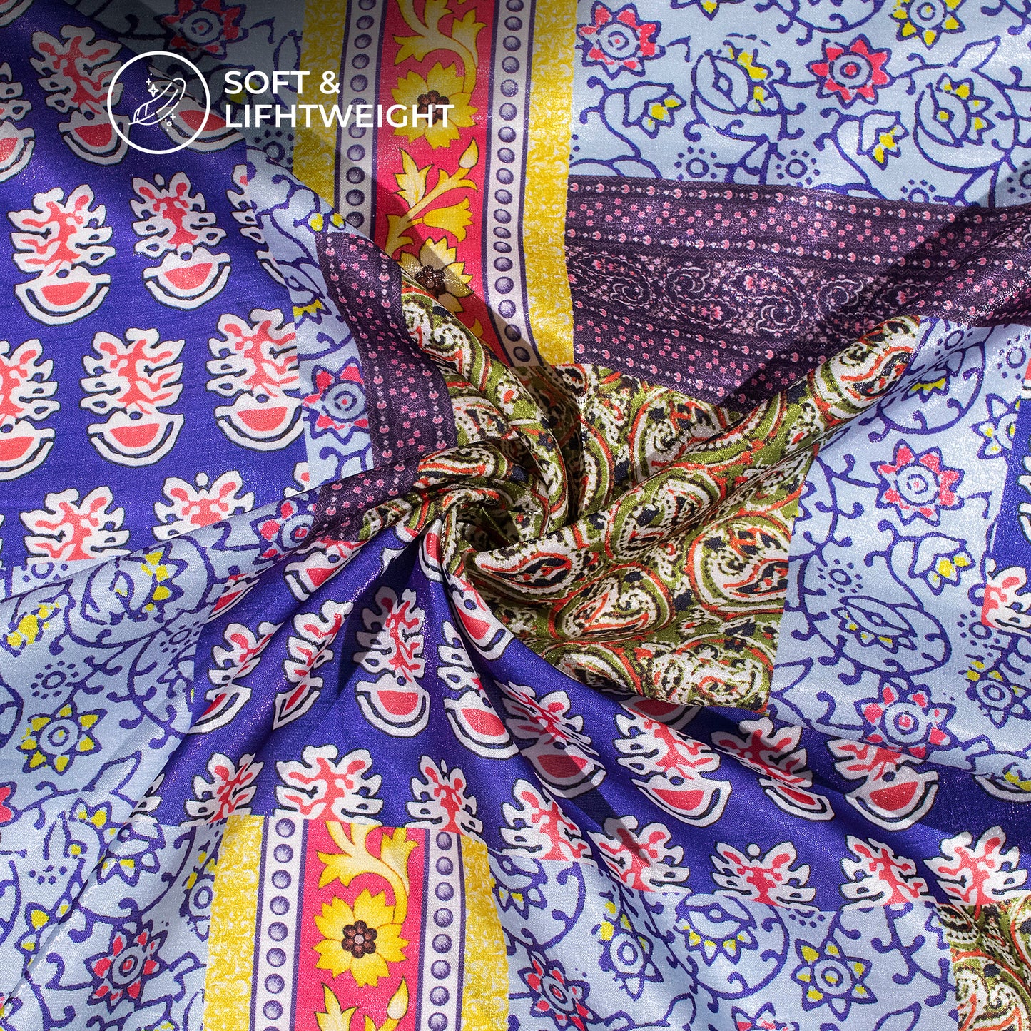 Blue And Sky Ethnic Pattern Digital Print Silk Satin Fabric