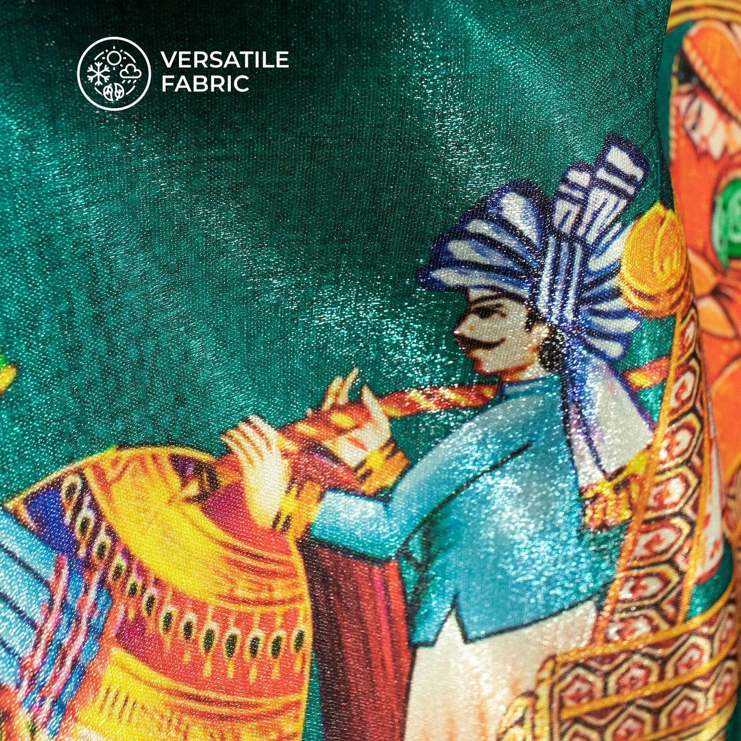 Common Teal And Green Madhuvanii Pattern Digital Print Silk Satin Fabric