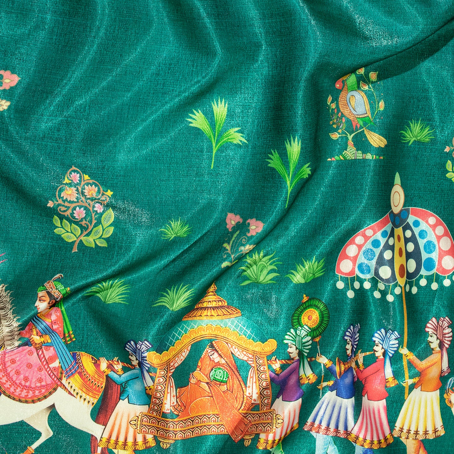 Common Teal And Green Madhuvanii Pattern Digital Print Silk Satin Fabric