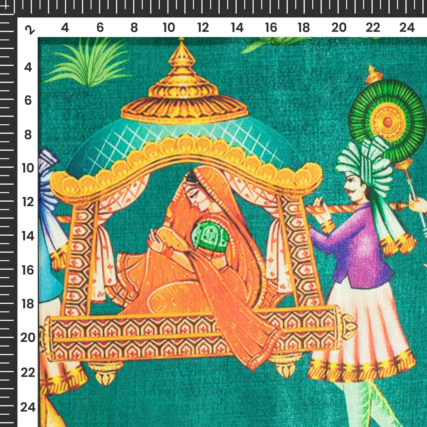 Common Teal And Green Madhuvanii Pattern Digital Print Silk Satin Fabric