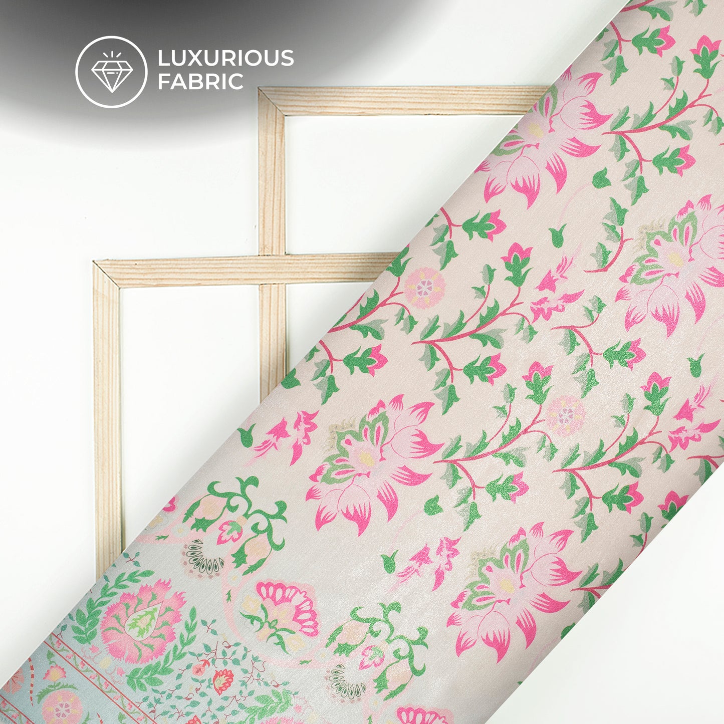 Creamy And Pink Floral Pattern Digital Print Silk Satin Fabric